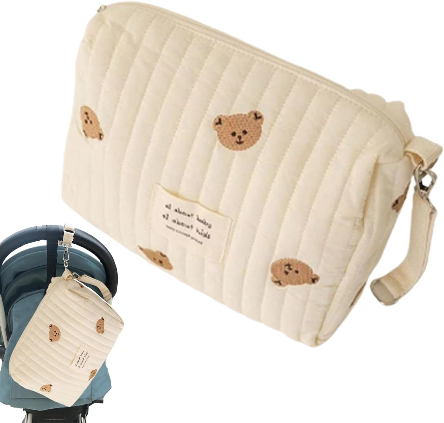 Bag Tote, Portable Stroller Baby Diaper Bag with Cute Pattern, Quilted Cotton Nappy Storage Handbag, Stroller Storage Bags with Zipper for Outdoor Shopping and Travel