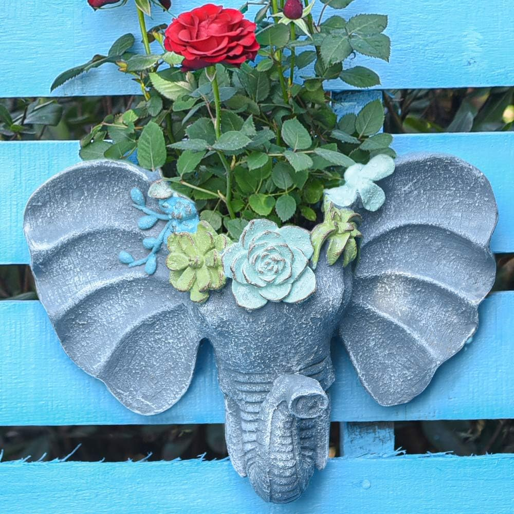 Sungmor Elephant Head Shaped Wall Hanging Planter Flower Plant Pot - Resin & Hand Painted & Grey - Sculpture Garden Wall Decoration Outdoor Plant Container