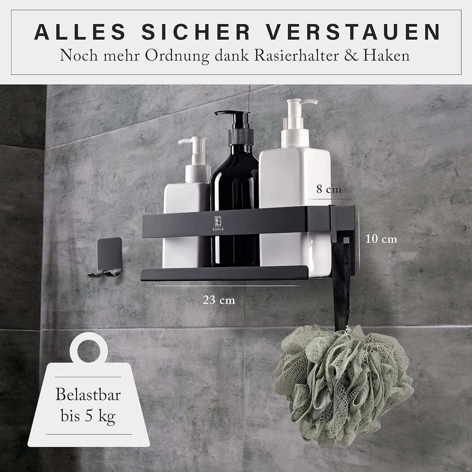 EDELZ&reg; Bathroom Shower Caddy Shower Basket No Drilling - Shampoo Holder for Shower for Gluing Made of Stainless Steel with Original 3M Adhesive Pads, 2 Movable Hooks, Extra Razor Holder (Stainless Steel Black) image number 1