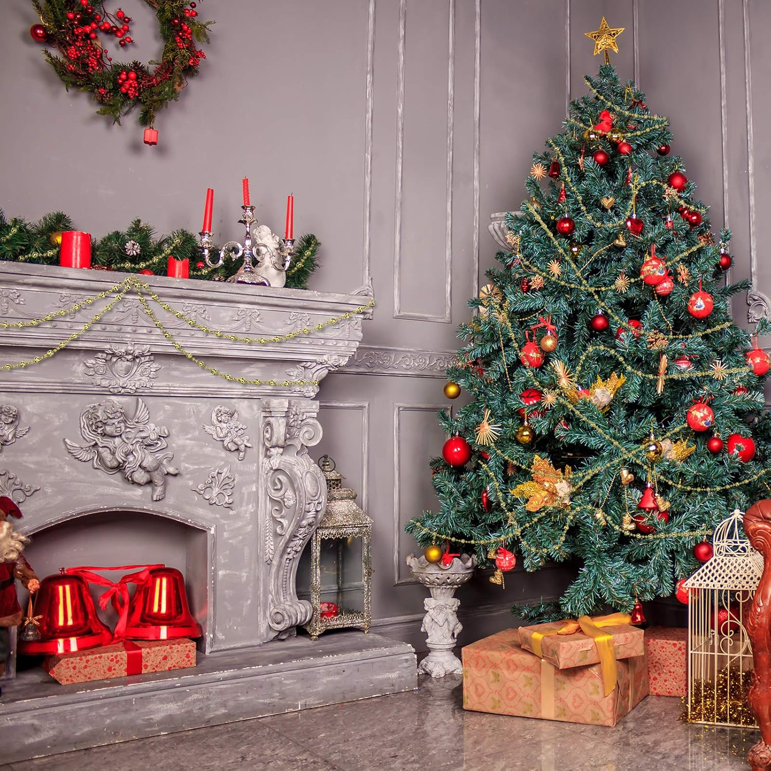 WILLBOND 32.8 Feet Christmas Tree Beads Beaded Garland Strand Plastic Pearls Beads Garland Crystal Bead Roll for Christmas and Holiday Decorations (Gold) image number 5