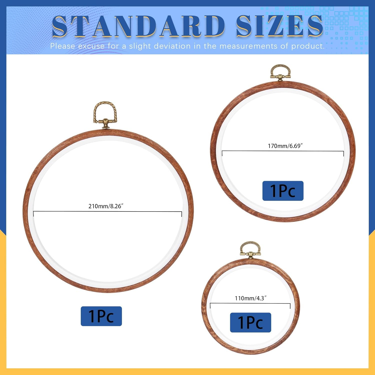 Glarks 3Pcs Circle Embroidery Hoops Set, 4.3In 6.69In 8.26In Imitated Wood Display Frame, Reusable Cross Stitch Hoop Ring with Mental Buckle Ideal for Art Craft DIY Sewing and Hanging Ornaments Decor image number 5