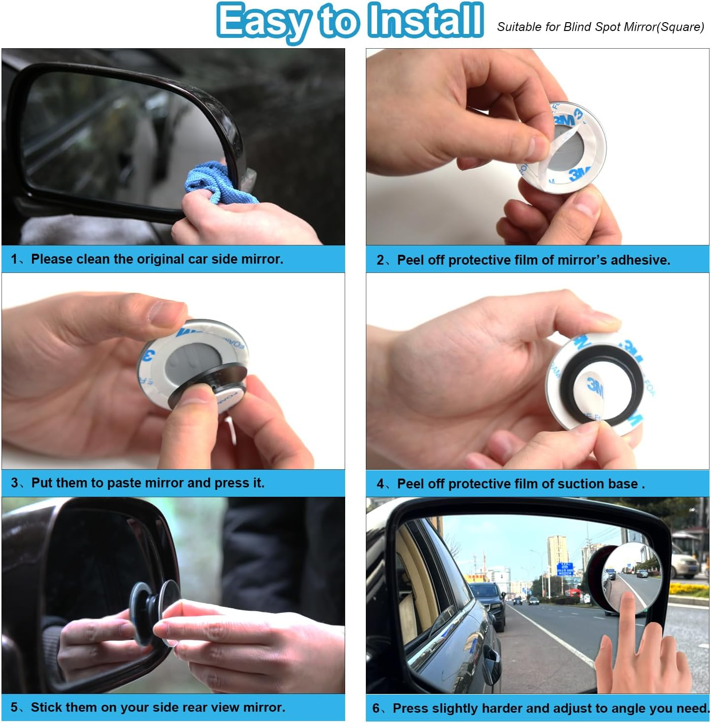 4 PCS Blind Spot Mirror, 2" Rectangle/Round HD Glass Frameless Convex Rear View Mirror, Exterior Wide Angle Side Car Blind Spot Mirror for Larger Image and Improved Traffic Safety image number 4