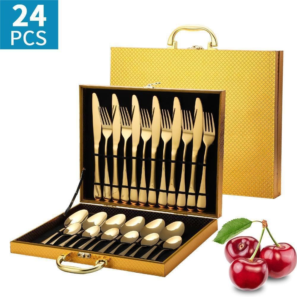 Flexiecom Elitegold 24-Piece Cutlery Set &ndash; Premium Stainless Steel Golden Silverware for 6, Luxurious Flatware Set with Knife, Fork, Spoon, Dessert Spoon &ndash; Modern Dining Essentials for Elegant Homes image number 5