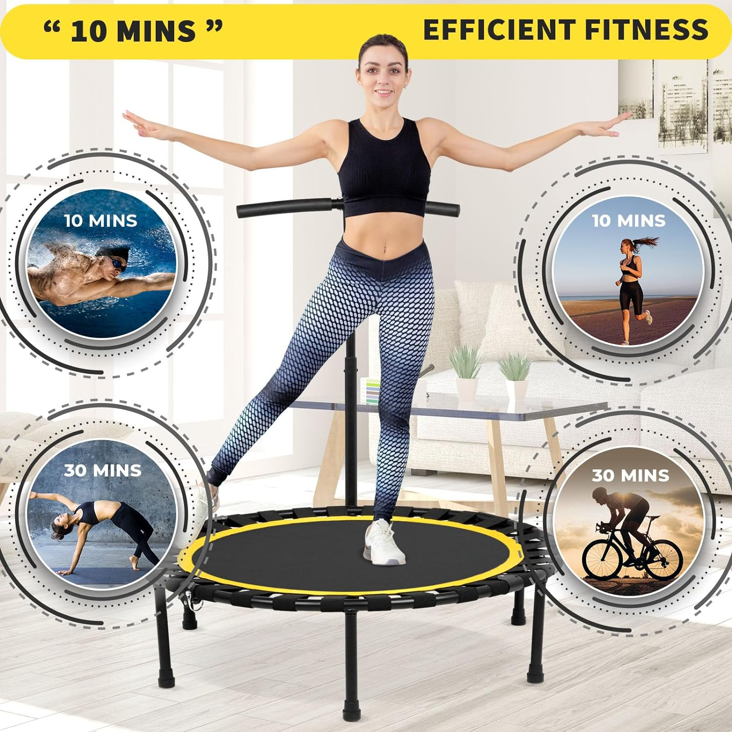 ADVWIN 50 Inch Rebounder Trampoline Fitness Mini Trampolines with T-Shaped Handle for Adults and Kids Indoor/Outdoor Workout Max Load 150KG Yellow/Orange - Yellow image number 4