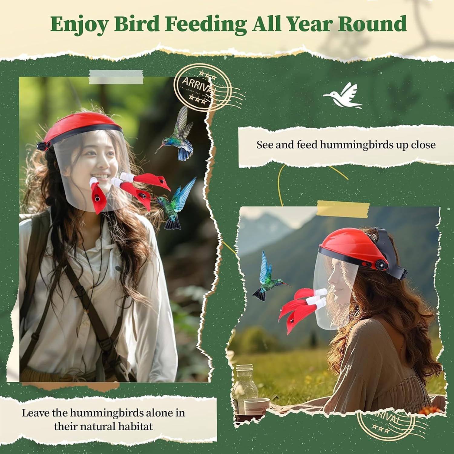 Wearable Hummingbird Feeder Mask, Head Mounted Garden Feeder, Flower Design (Red Flower Style) image number 3