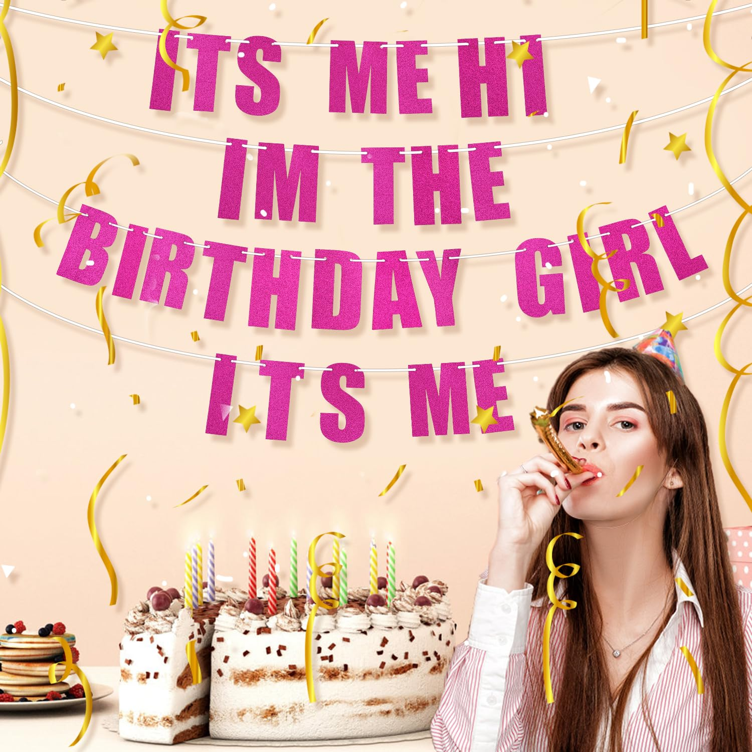 Pre-Strung It'S Me Hi I'M the Birthday Girl It'S Me Banner, Hot Pink Birthday Party Decorations Glitter Singer Party Garland Backdrop image number 5