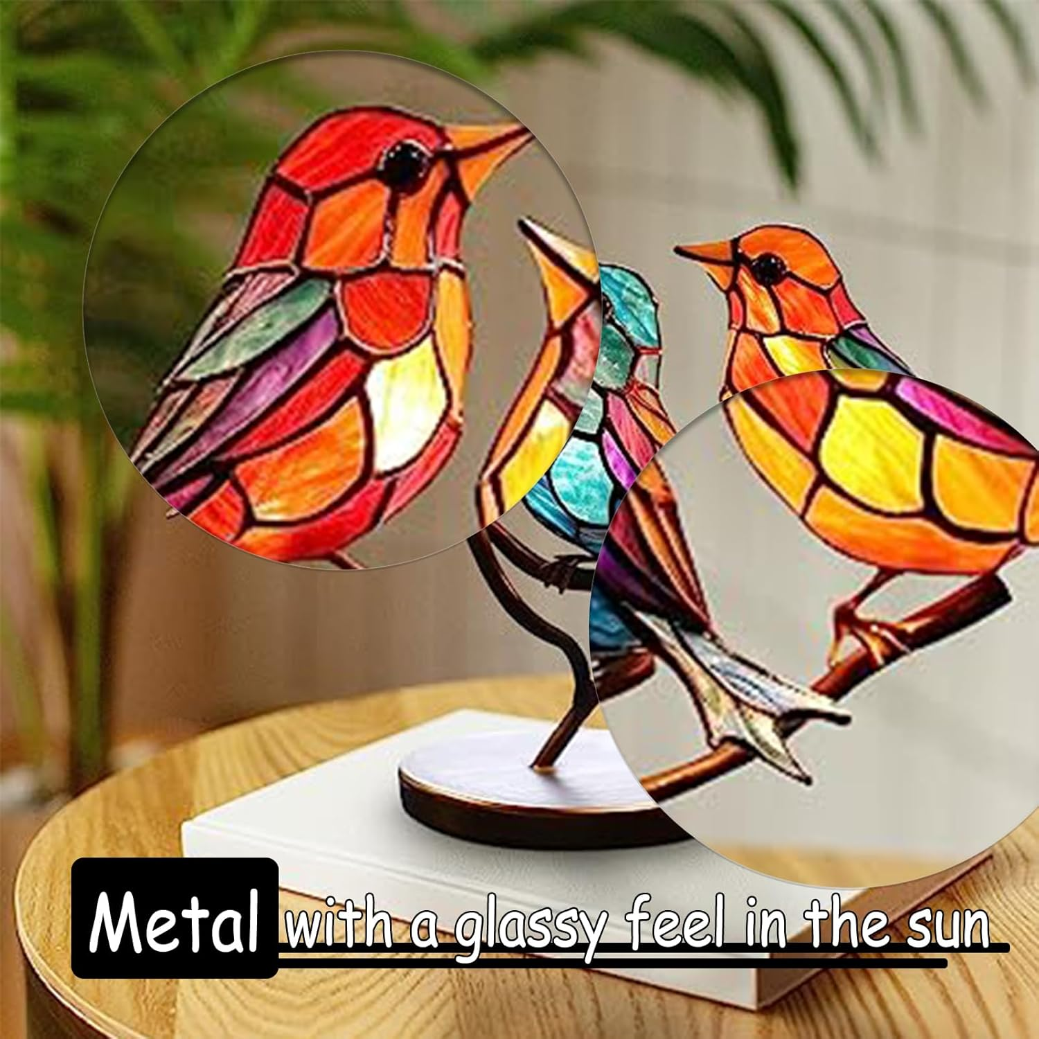 VNRGG Stained Birds on Branch, Desktop Ornaments Double,Sided Metal Flatness Table Art, Home Room Decoration,Suitable for Office Wine Cooler Decor.(3 Birds on a Branch)