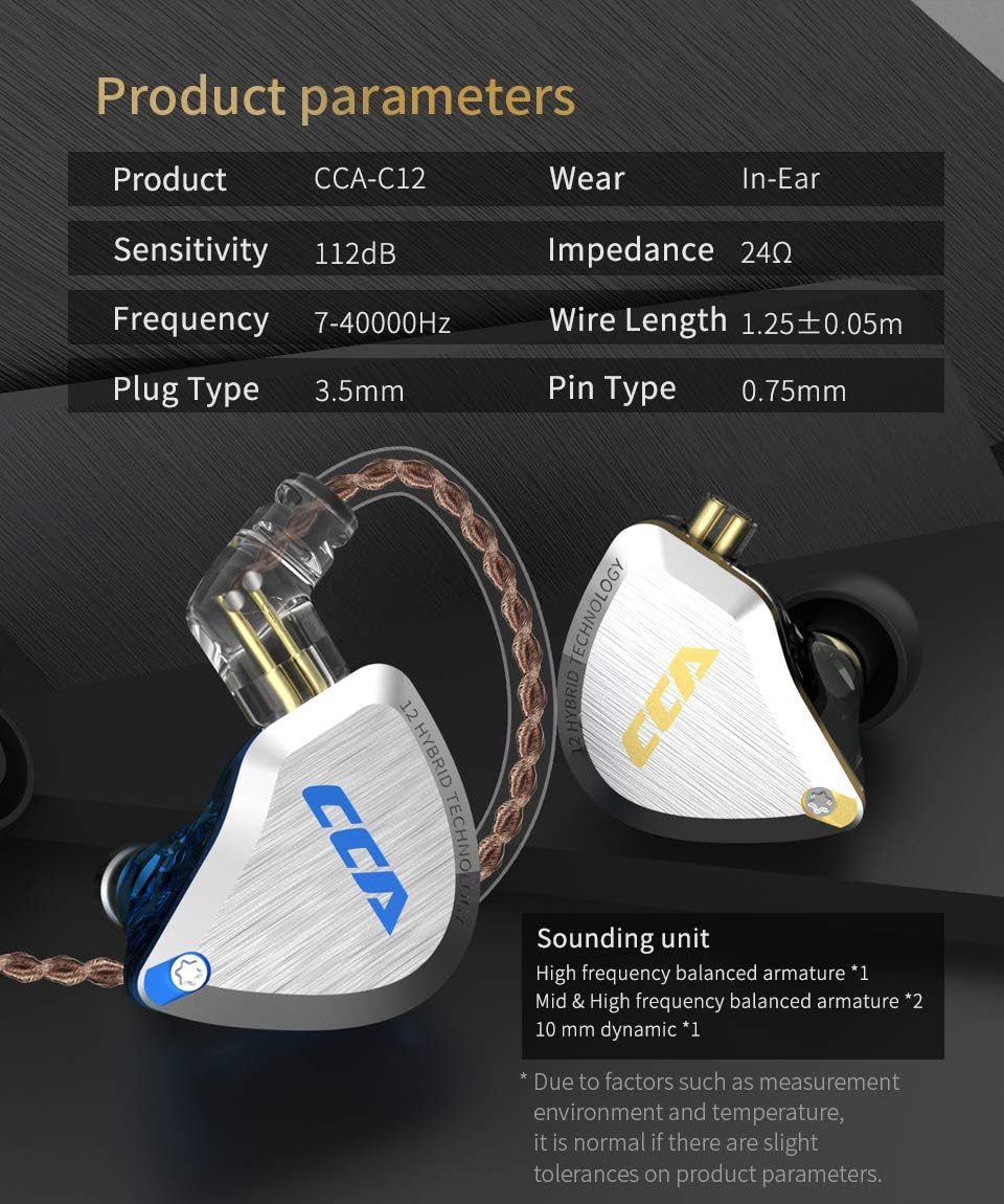 CCA C12 in Ear Monitor, 5BA+1DD Balanced Armature Drives Hifi Bass in Ear Earphone Headset Noise Cancelling Earbuds Zinc Alloy Headphones with Detachable Cable Universal-Fit 0.75Mm 2PIN (No Mic, Blue) image number 4
