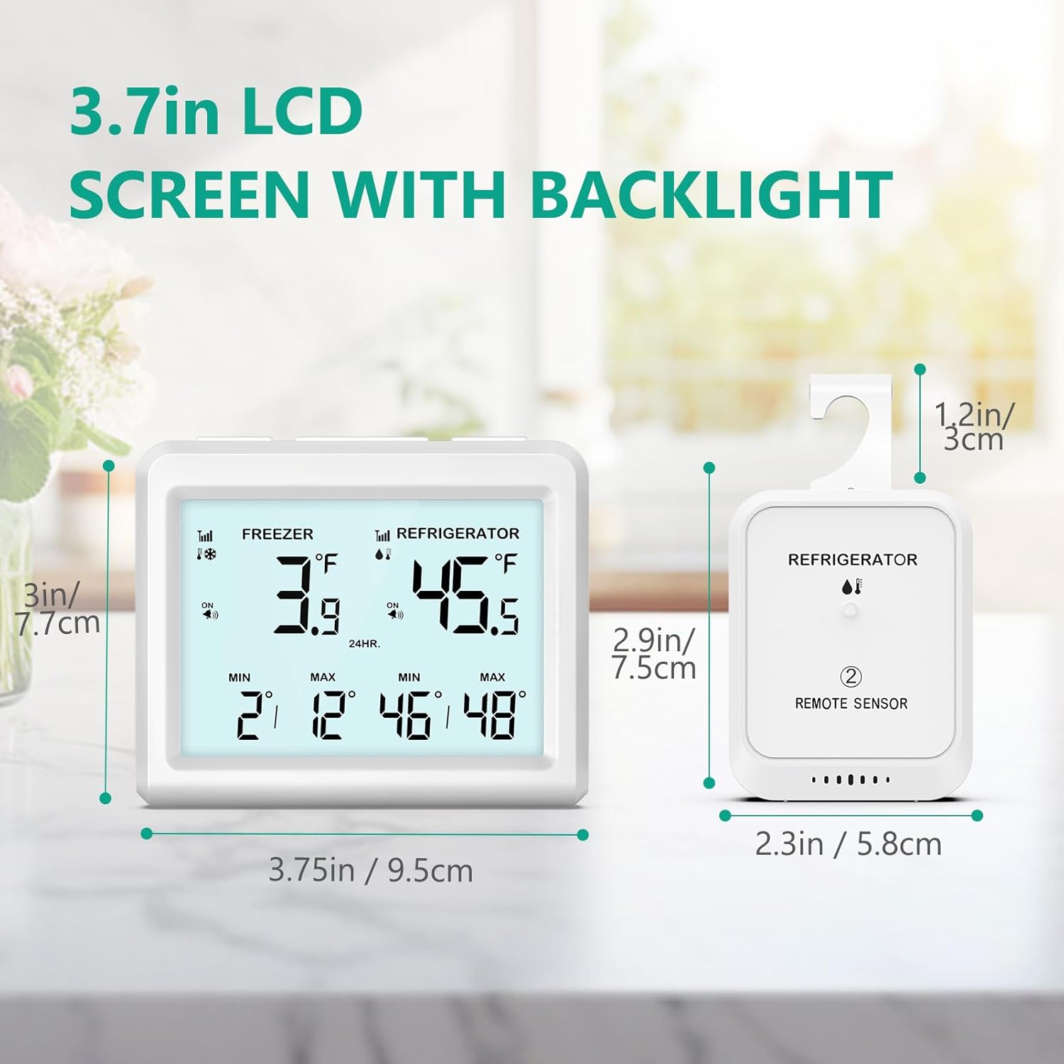 ORIA Digital Refrigerator & Freezer Thermometer with 2 Sensors, LCD Display, Alarm, Max/Min Records, for Home, Restaurant, Cellar, Bar, Cafe image number 1
