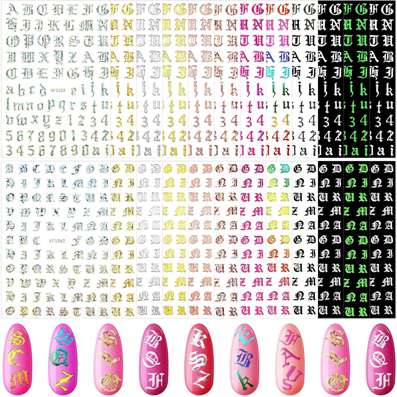 Maitys 24 Sheets Letters for Nails Old English Nail Stickers 3D Holographic Letter Self-Adhesive Gold Old English Alphabet Nail Decals for DIY Women(Classic Colors)