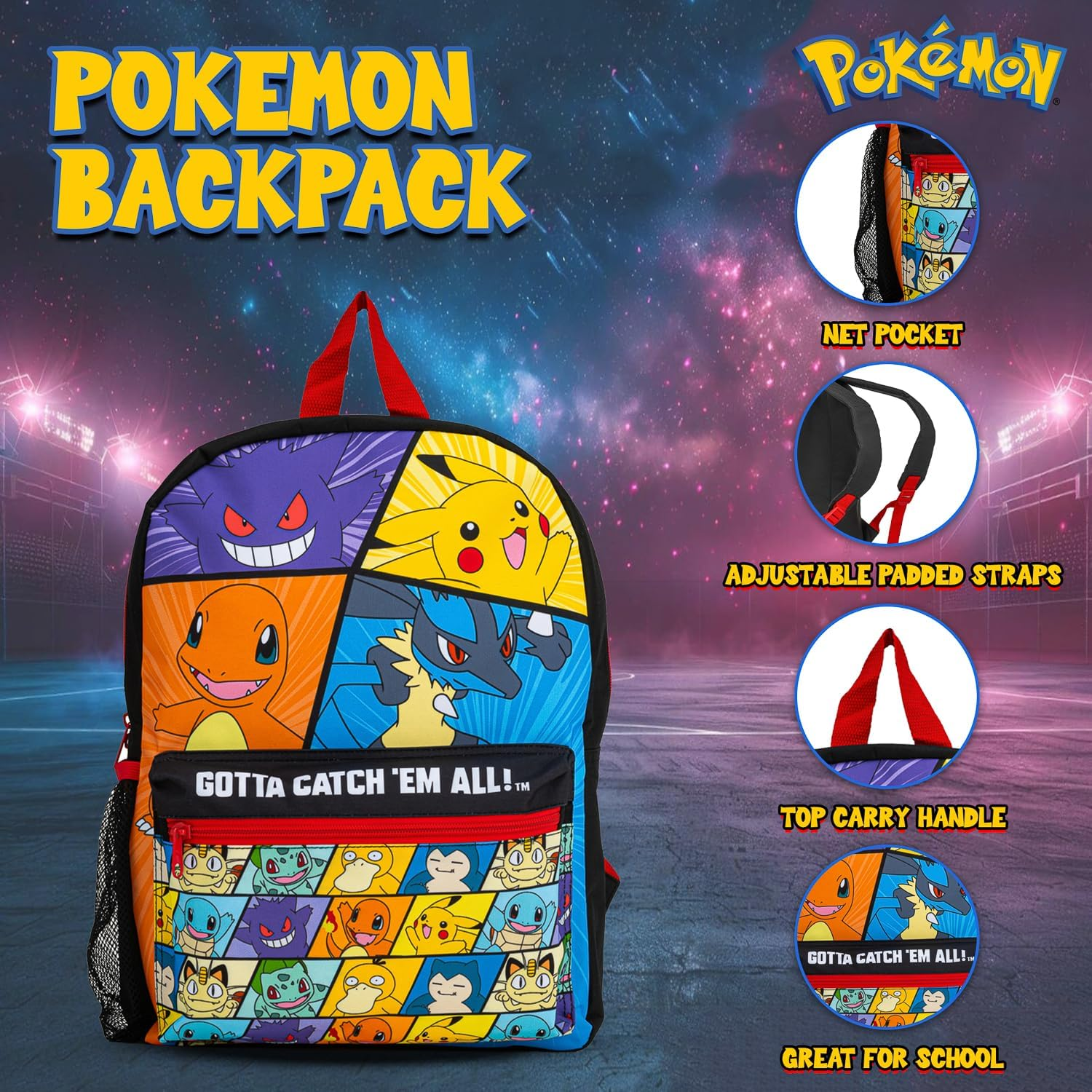 Pokemon Backpack 4 Piece School Set |Includes Lunch Box, Water Bottle, and Pencil Case | Adjustable Padded Shoulder Strap |Mesh Side Pocket | Back to School Bag Set image number 3