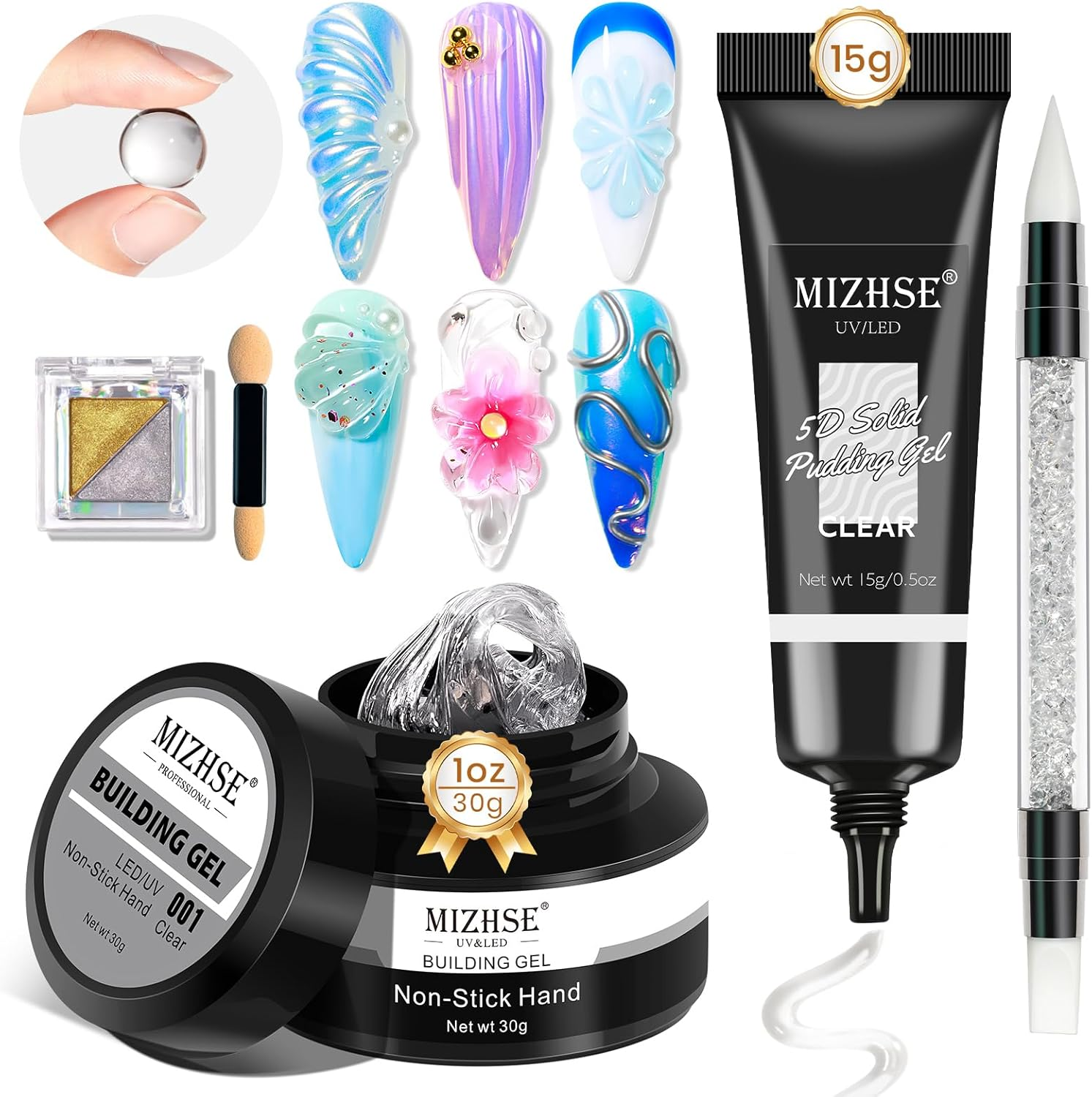 MIZHSE 30G Solid Builder Gel for Nail and 15G 3D Nail Gel, Clear Hard Gels for Nails Sculpting Gels for Nails Art Soak off U V LED Salon Home DIY Woman - A-30G Solid Builder Gel +Nail Chrome Powder image number 6