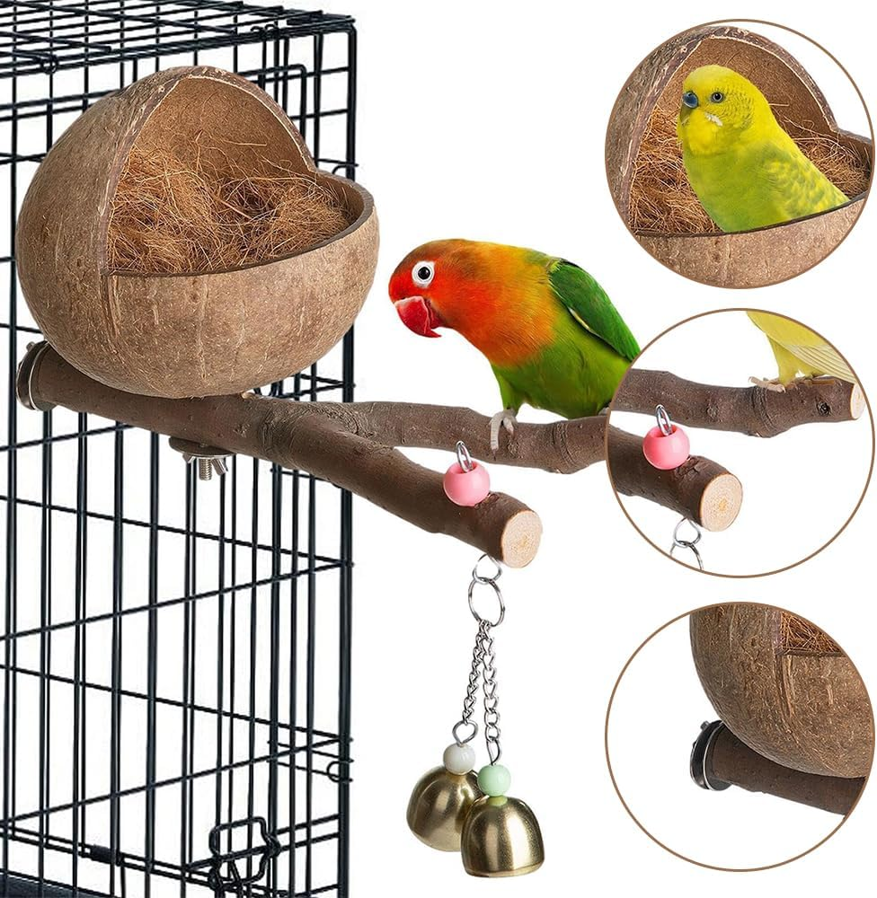 Natural Coconut Shell Bird Nest, Handmade Parrot Nesting House &ndash; Soft Fiber Lining & Durable Shell, with Pinecone/Bell Decor for Pet Birds (25 X 12 Cm) image number 2