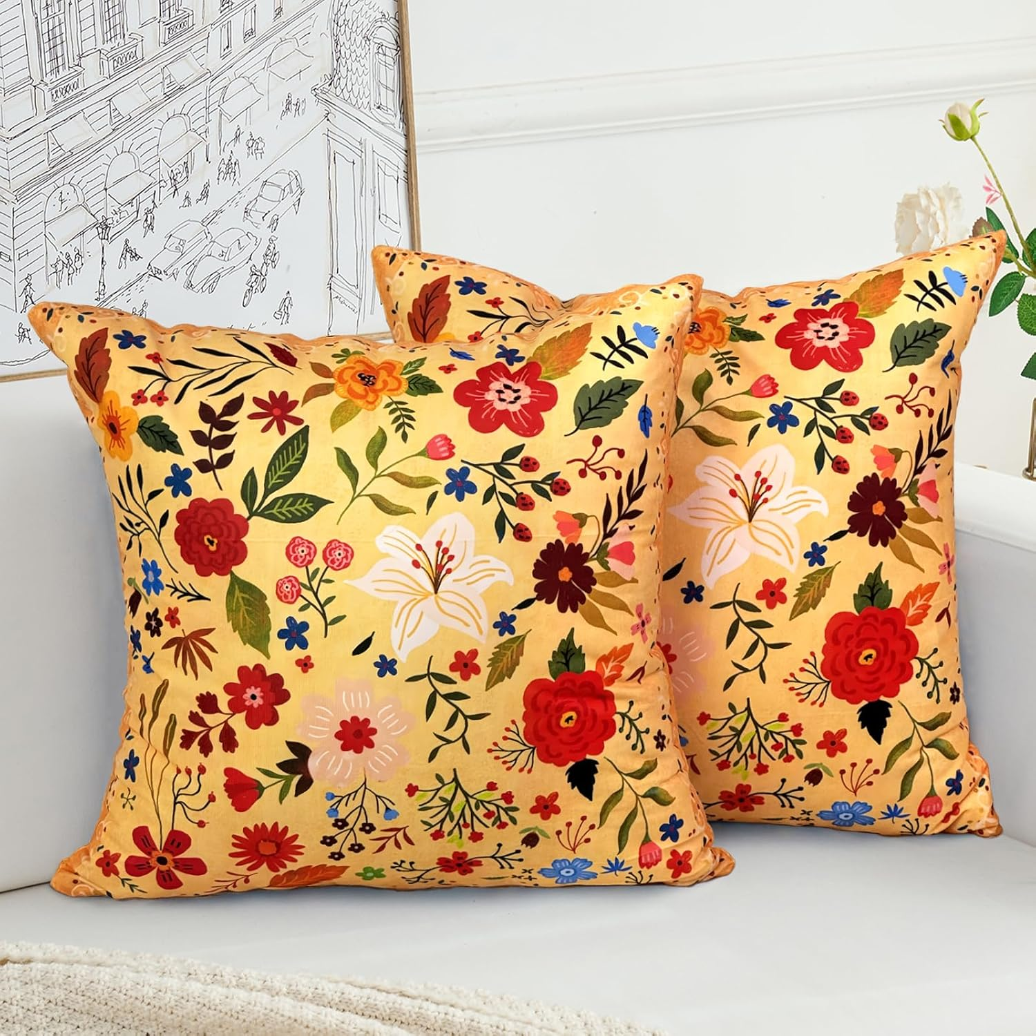 EDTOY Floral Pillow Covers 16X16 Set of 2,Beige Farmhouse Floral Pillow Covers Decorative Double Sided Pattern Cushion Cover Soft Pillow Case for Living Sofa Room Bed Porch Patio Square Pillow Cover