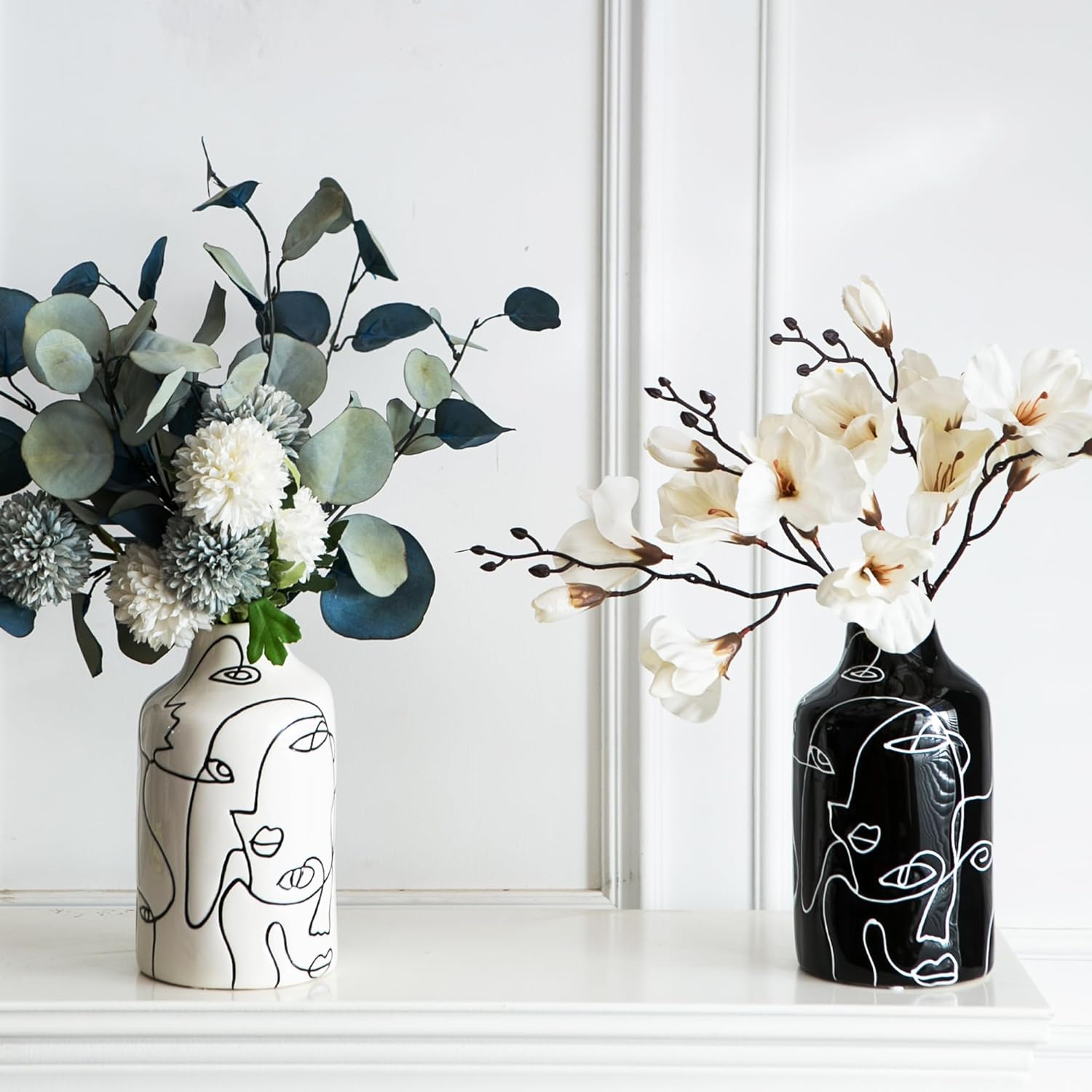 Kimdio Ceramic Vase Set, 2Pcs Black and White Abstract Irregular Design Flower Vases, Modern Home Decor Living Room Decor Minimalist Decorative Vase for Pampas Grass - E-Black And White Set image number 6