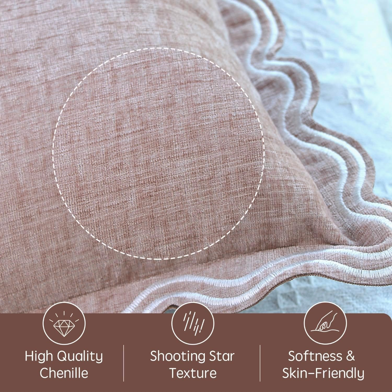 TINYSUN Scalloped Decorative Pillow Covers - Set of 2, Double-Sided Embroidered Scallop Design, Premium Chenille Cushion Covers for Living Room Sofa Couch Bed(Dusty Pink,18X18 Inch) image number 5
