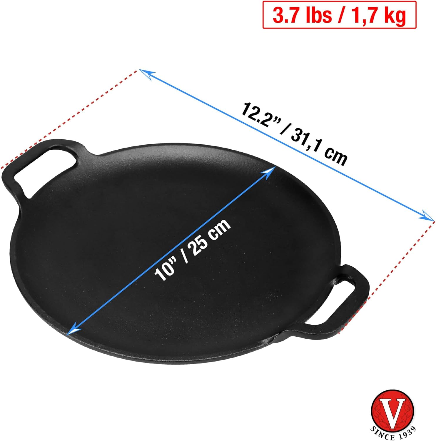 Victoria Induction Cooking Plate for Pizza Enamelled Cast Iron, 25 Cm Frying Pan with Handles, Fire, Barbecue, Oven, Ceramic Hob, Gas, Comal Toxic-Free PTFE Free image number 6
