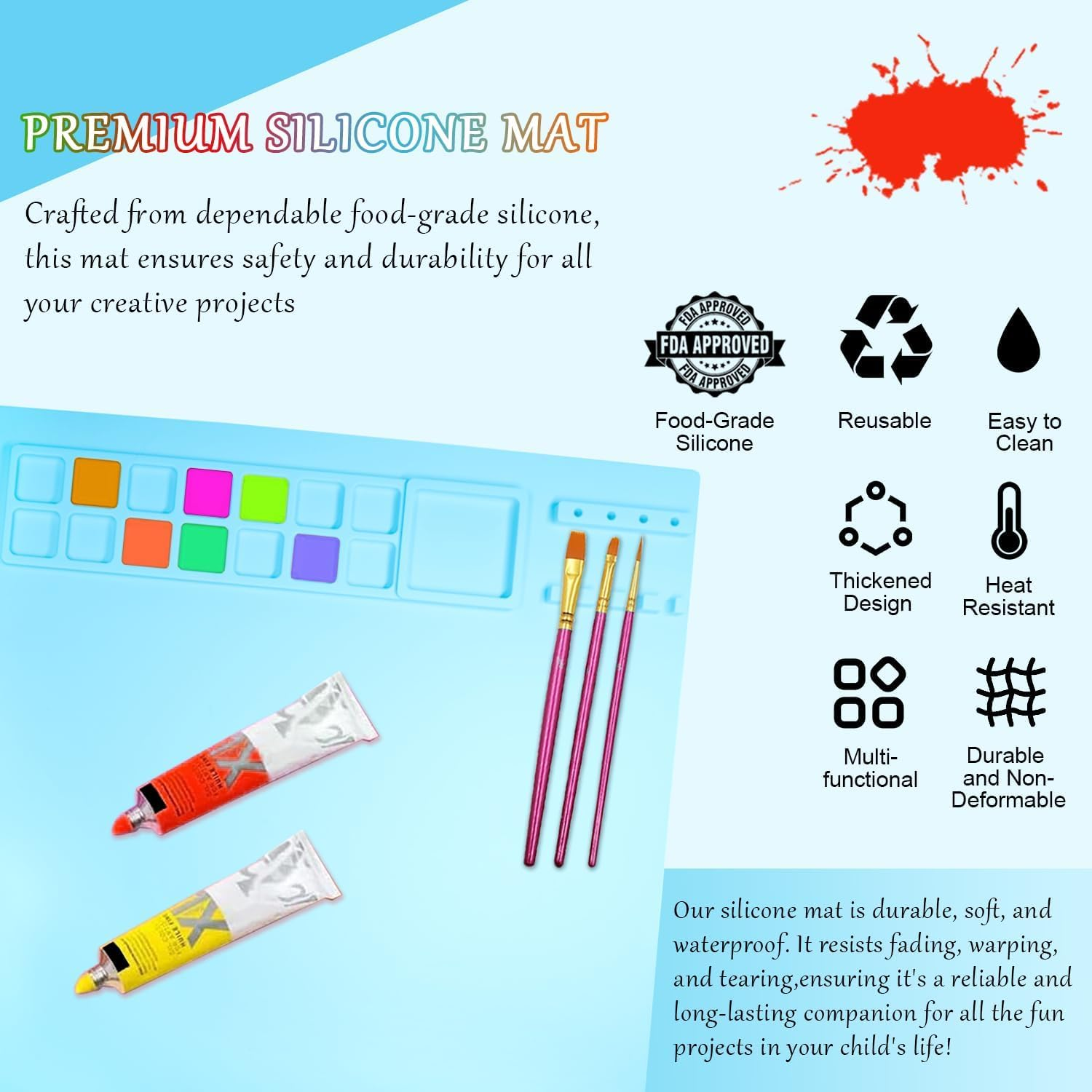 YBVABE Silicone Art Mat, 51 X 41Cm - Paint Mat with Scrubber Cup & 14 Color Dividers, for Art, Painting, Clay & DIY Creations, Blue