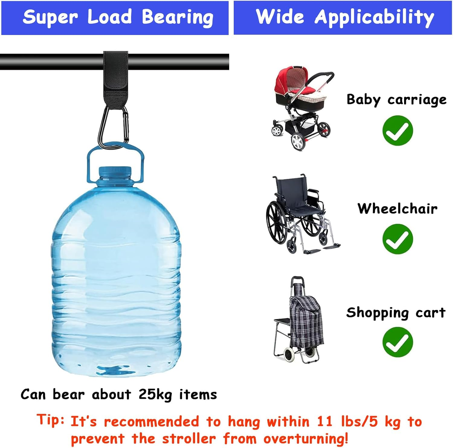 Stroller Hooks Clips,Yqqzq 2 Packs Universal Stroller Clips and Hooks for Hanging Diaper Bags Shopping Bags Etc. Multipurpose Adjustable Stroller Carabiner Clip