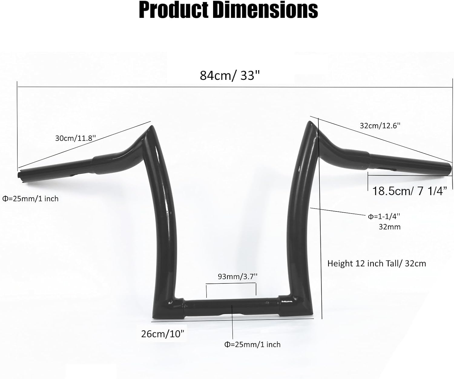 12&rdquo; Ape Hangers Handlebars Compatible for Harley-Davidson, Black image number 1