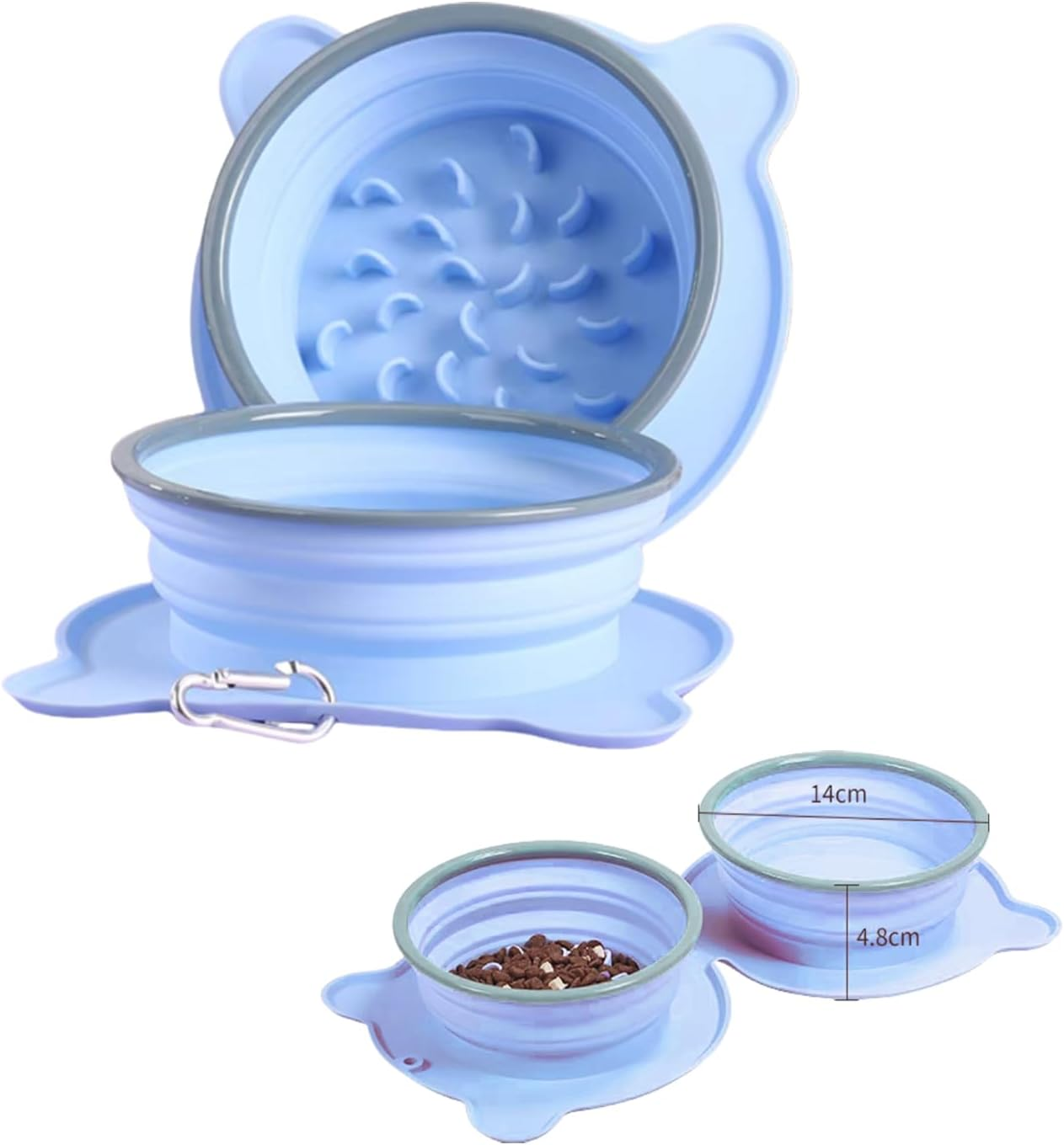 Catchu Silicone Foldable 2 in 1 Pet Bowl, Quality Collapsible Double Slow Feeder Dish, Integrated Molding Expandable Travel Food Water Bowl for Dogs Cats (Purple)