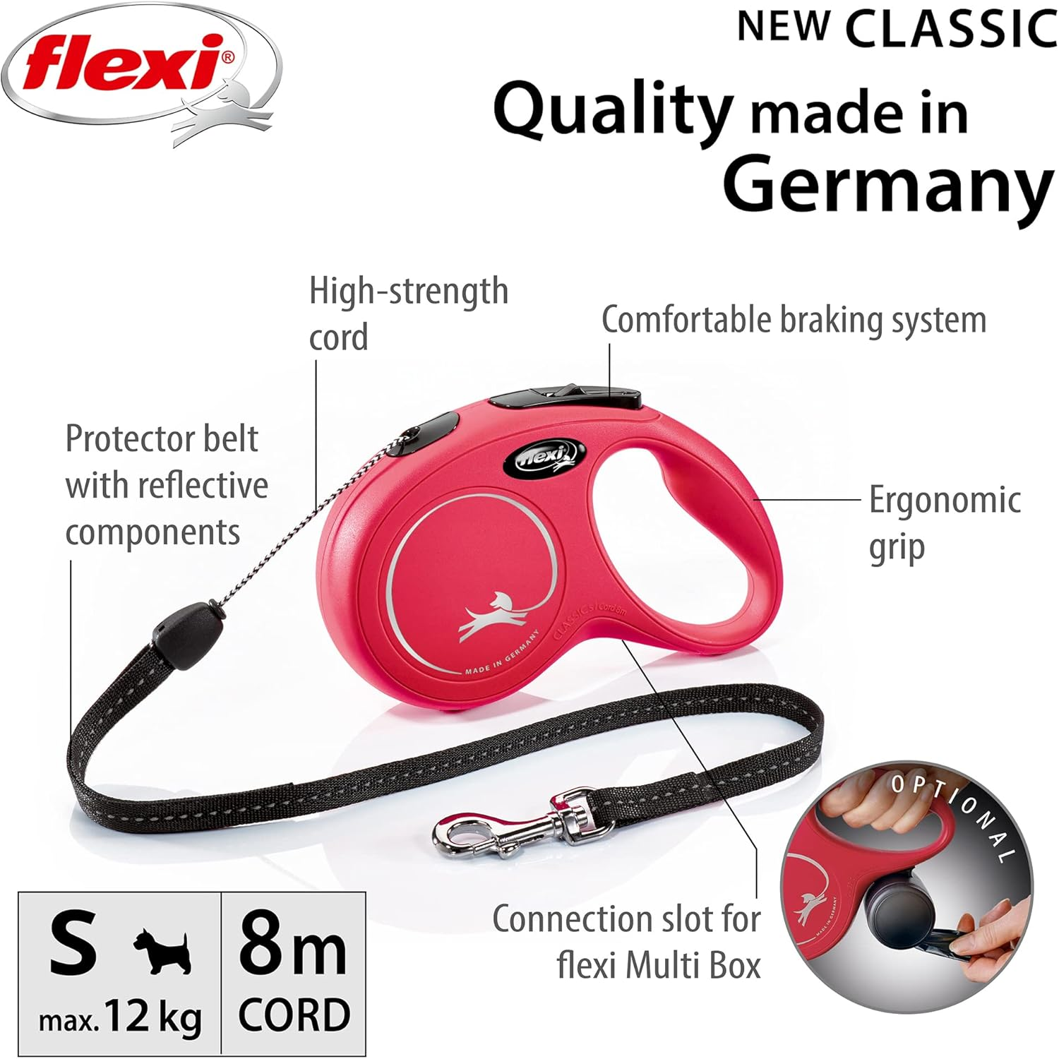 Flexi New Classic Retractable Lead Cord, Red, Small, 8M, 12Kg