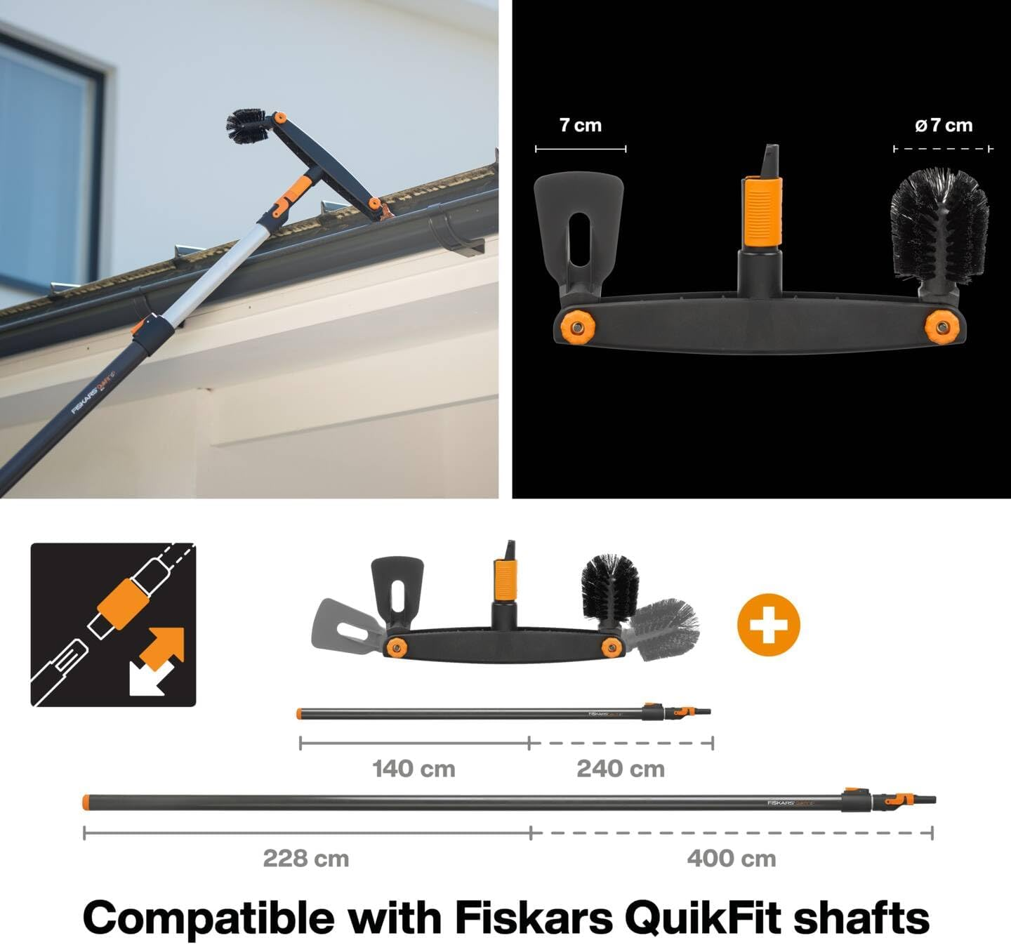 Fiskars Gutter Cleaner with Individually Adjustable Brush and Scraper, Width: 4.5 Cm, Black/Orange, Quikfit, 1001414 image number 5