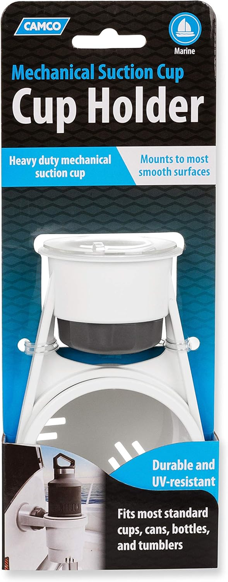 Camco Cup Holder with Mechanical Suction Cup - Provides a Secure Location for Your Beverage - Compatible with Most Cups, Cans, Bottles and Tumblers - White (53084)