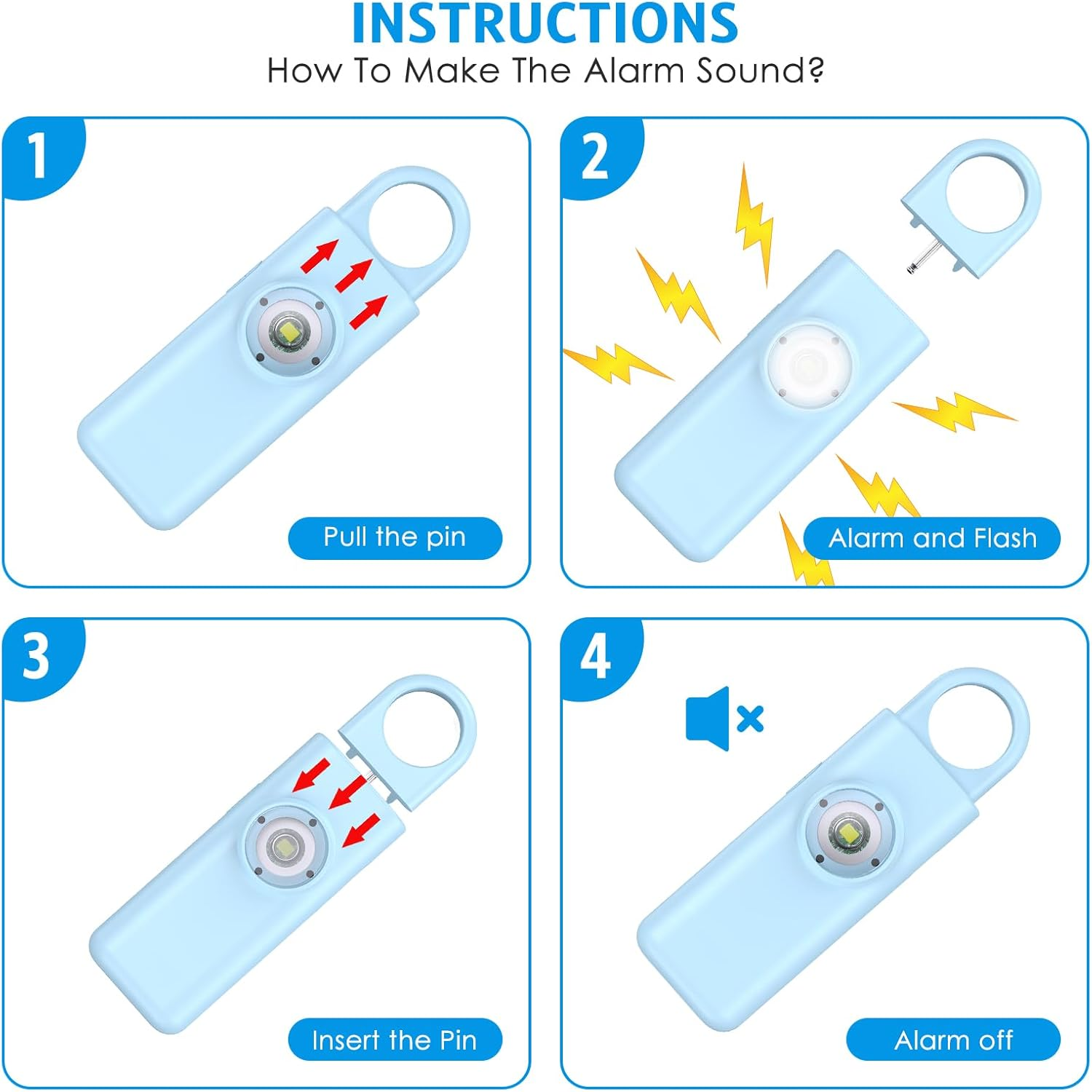 AMIR Personal Alarm Keychain for Women Safety - Loud 130 Db Siren with Strobe Light and Carabiner - Helps Women, Children, Men, Seniors, Elderly Emergency Call (Blue) - Blue image number 4