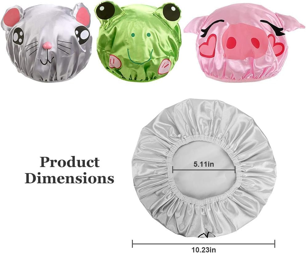 KFPPLXQ Cute Animal Design Shower Caps, 3-Pack Waterproof Reusable Hair Cover, Pink, Green, Grey, 10.2 Inch image number 3
