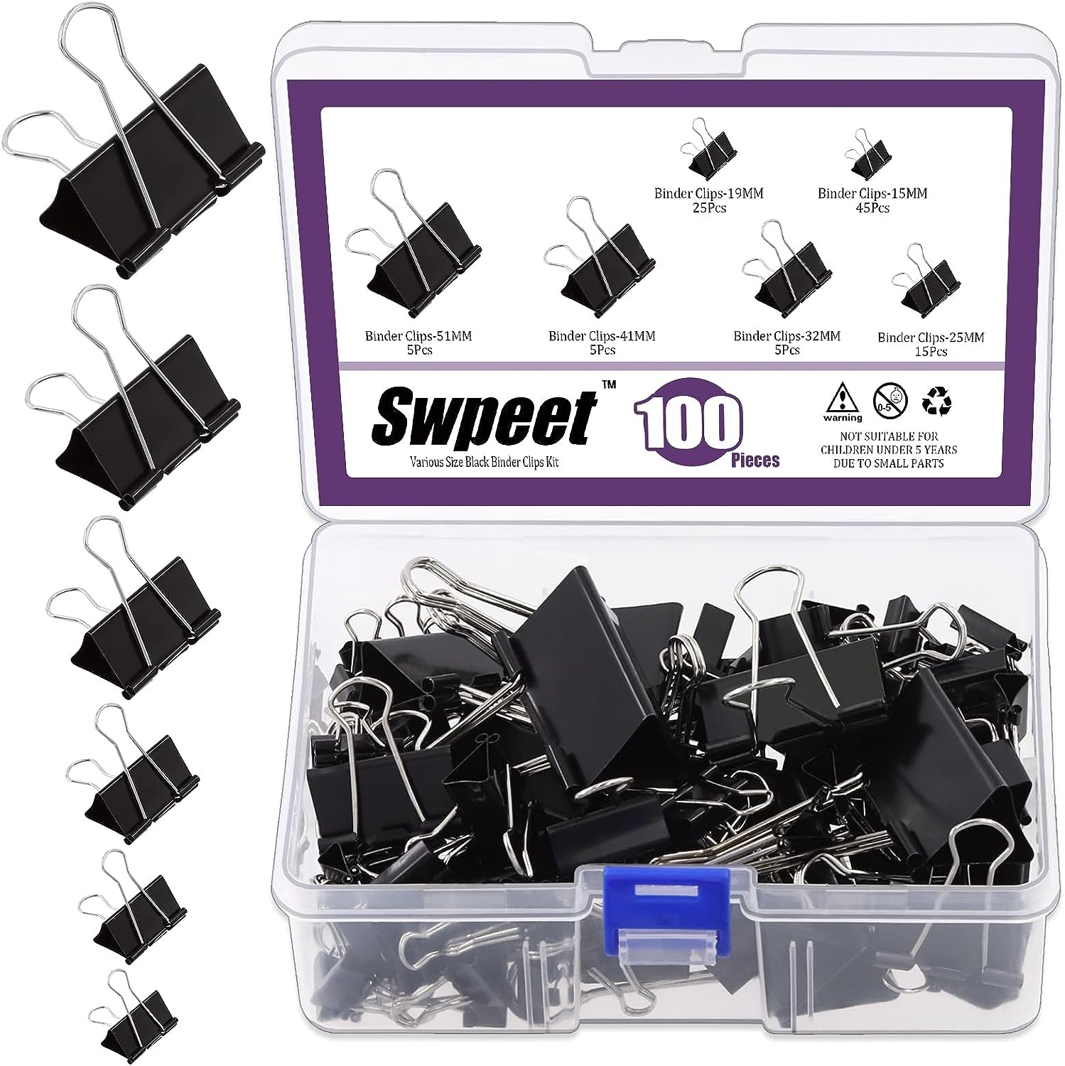 Swpeet 100Pcs Metal Black Binder Clips, Paper Clamps, Fold Back Clips, Paper Clamps Clips 6 Sizes X Large, Large, Medium, Small, X Small and Micro Use for Office, Home, School, Classroom image number 4