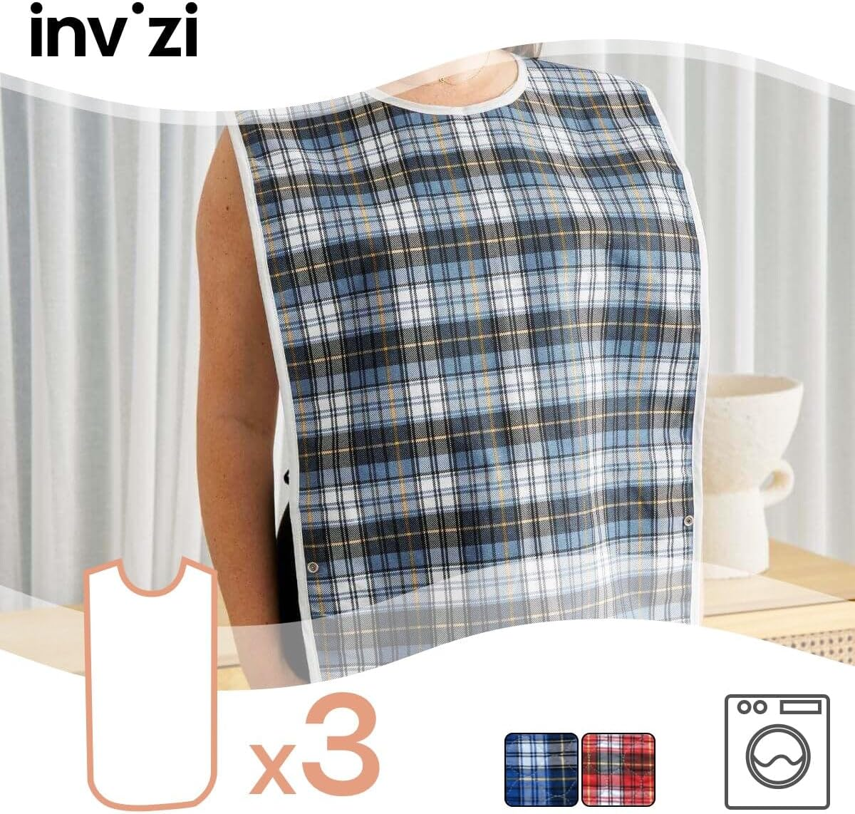 Invizi Waterproof Adult Bibs &ndash; 3 Pack of Reusable Clothing Protectors with Spill Tray, Adjustable Neck, Waterproof Backing & Machine Washable, 90X45Cm