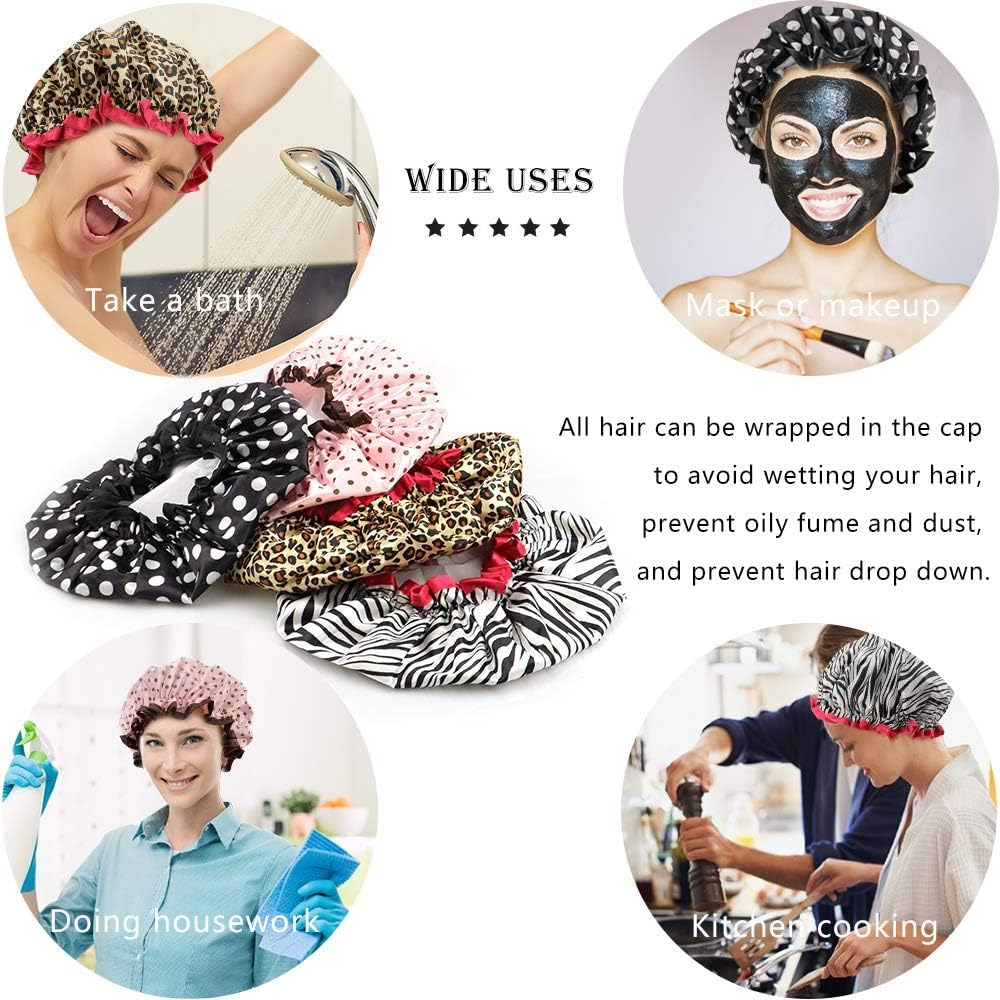 TCOTBE 4 Pieces Shower Cap for Women, Elastic and Reusable, Environmental Protection Hair Bath Caps, Double Waterproof Layers Bathing Hat -For Long, Short and Curly Hairs image number 3