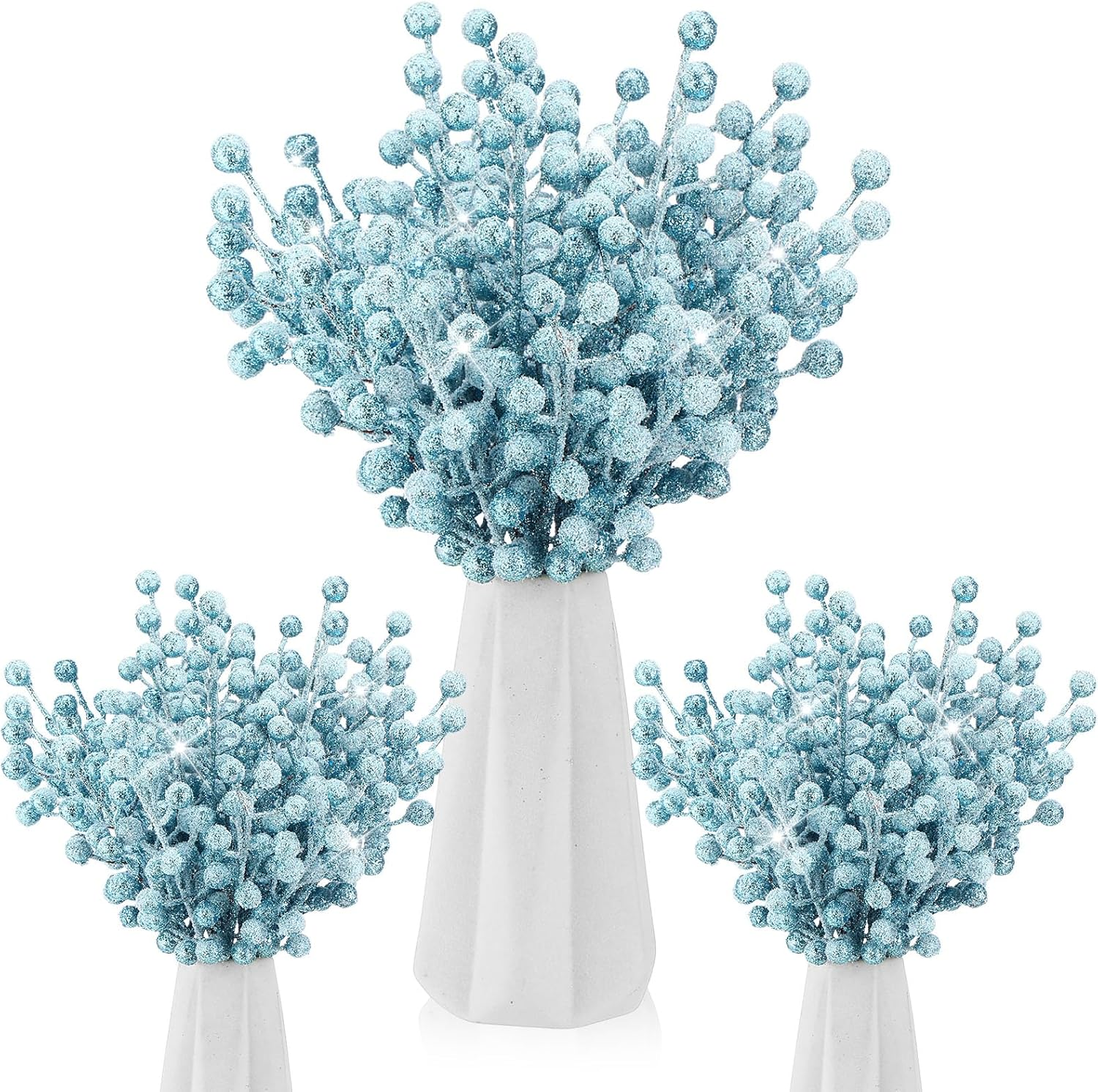 Geosar 30 Pieces Artificial Christmas Berry Picks with Snowflake Glitter Artificial Holly Berry Stems for Christmas Tree Ornaments Vases DIY Crafts Home Wedding Party Holiday Decor(Light Blue)