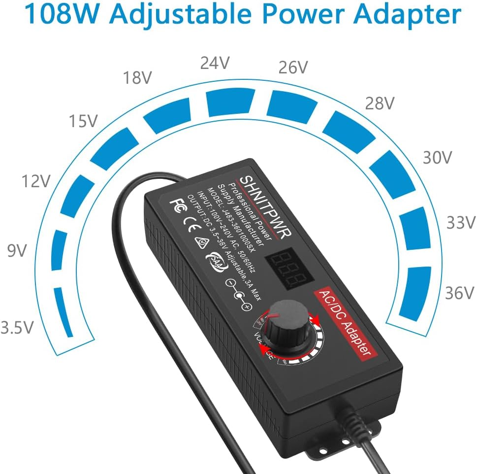 SHNITPWR 108W Universal Power Supply Adjustable DC 3.5V~36V 3A AC/DC Adapter 12V 24V 36V 5V 6V 9V 14V AC Adapter Multi-Voltage 100V~240V AC to DC Variable Power Converter DC Power Adapter with 14 Tips image number 3