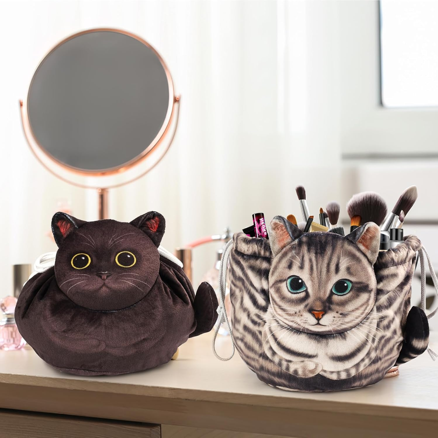 Openhahaha Drawstring Makeup Bag, Cat Makeup Bag, Travel Makeup Organizer, Cosmetic Pouch Bag, Cat Gift for Women, Lay Flat Makeup Bag Gifts for Cat Lovers&hellip;, New Grey and Black, Unisex Adult - Black White And Calico Cat image number 6
