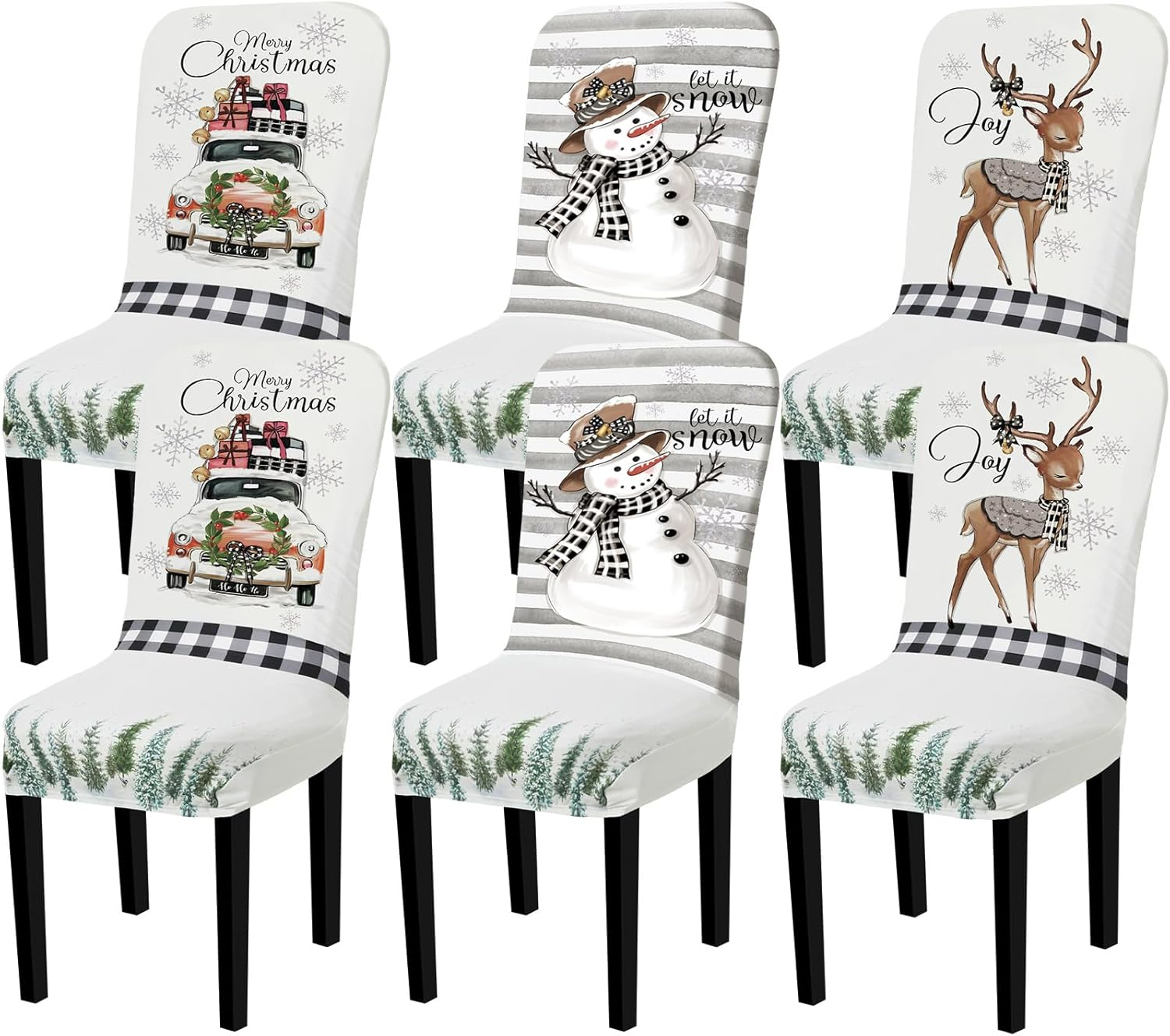 Preboun 6 Pcs Christmas Chair Covers Set Removable Washable Stretch Dining Room Slipcovers Parson Chair Protector for Christmas Home Ceremony Party Decoration, 3 Style(Plaid,White)