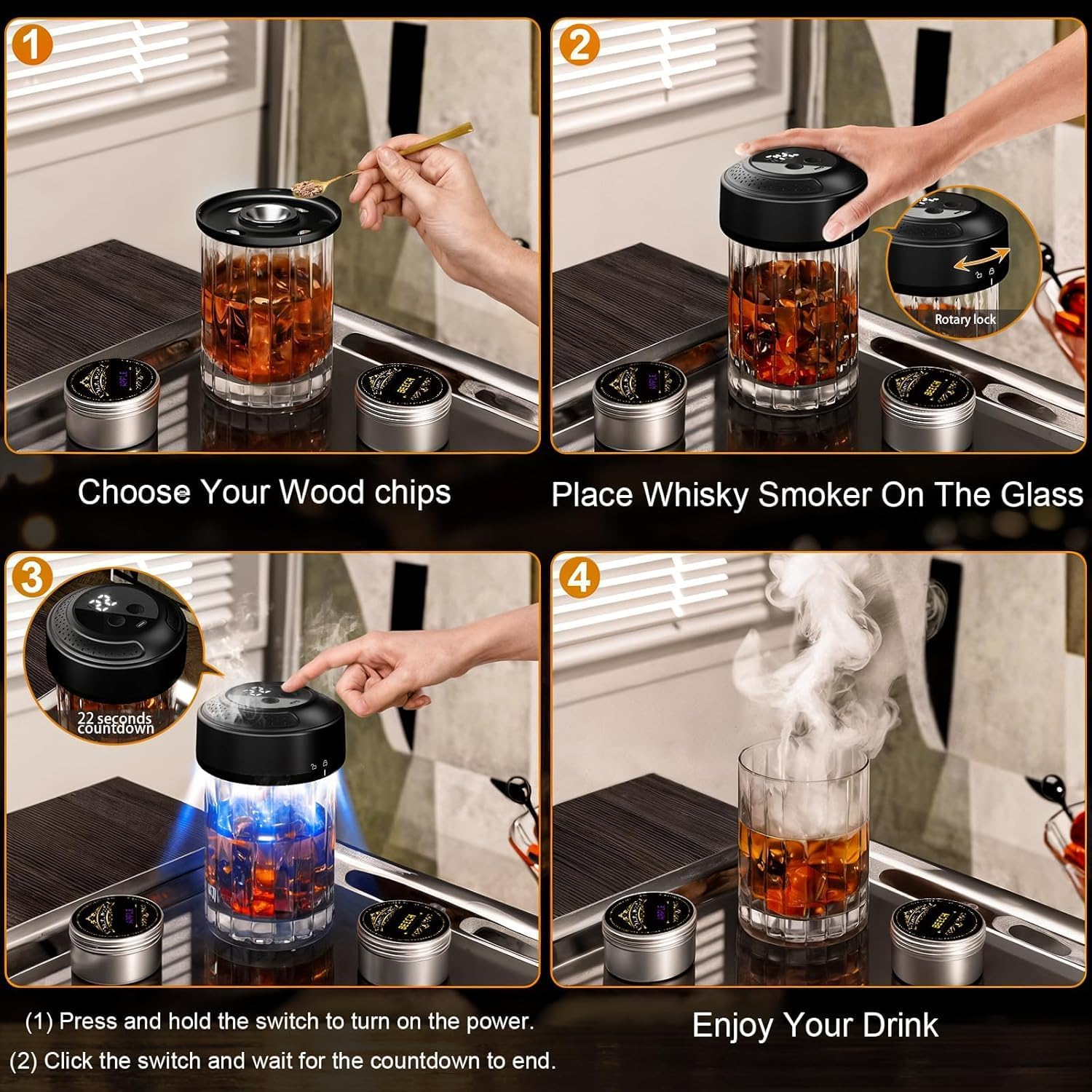 Electric Whiskey Smoker Kit, Old Fashioned Smoker Kit, Built-In Lighter & Ambient Light, 4 Reusable Ice Cubes 6 Wood Chips, Gifts for Men Dad Husband Whiskey Lovers image number 1