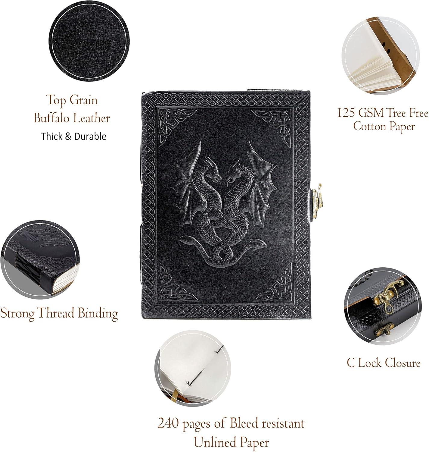 Komal'S Passion Leather Handmade Leather Double Dragon Journal/Writing Notebook Diary/Bound Daily Notepad for Men & Women Unlined Paper Medium, Writing Pad Journal for Artist, Sketch (8 X 6, Black) image number 5