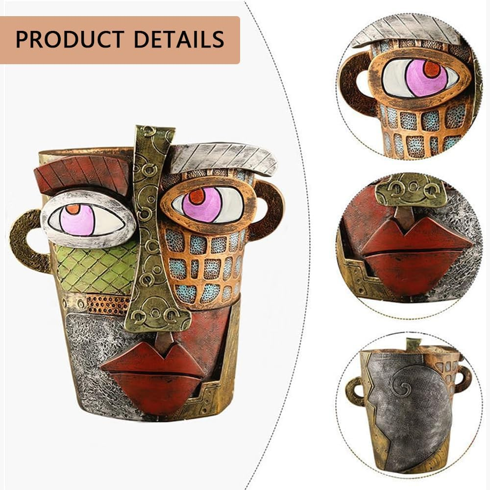 HYAVIA Handmade Abstract Picasso Face Planter &ndash; Brutalist Resin Head Flower Pot, Colorful Art Planter for Indoor and Outdoor Plants, Unique Room Decor (Retro Style) image number 5