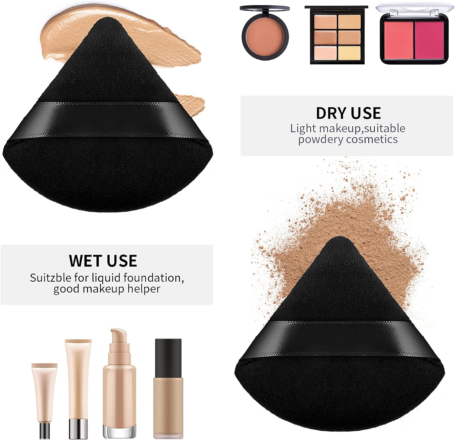 2 Pieces Triangle Cosmetic Loose Powder Puffs Washable Reusable Soft Plush Foundation Sponge for Face Body Wet Dry Makeup Tool image number 6