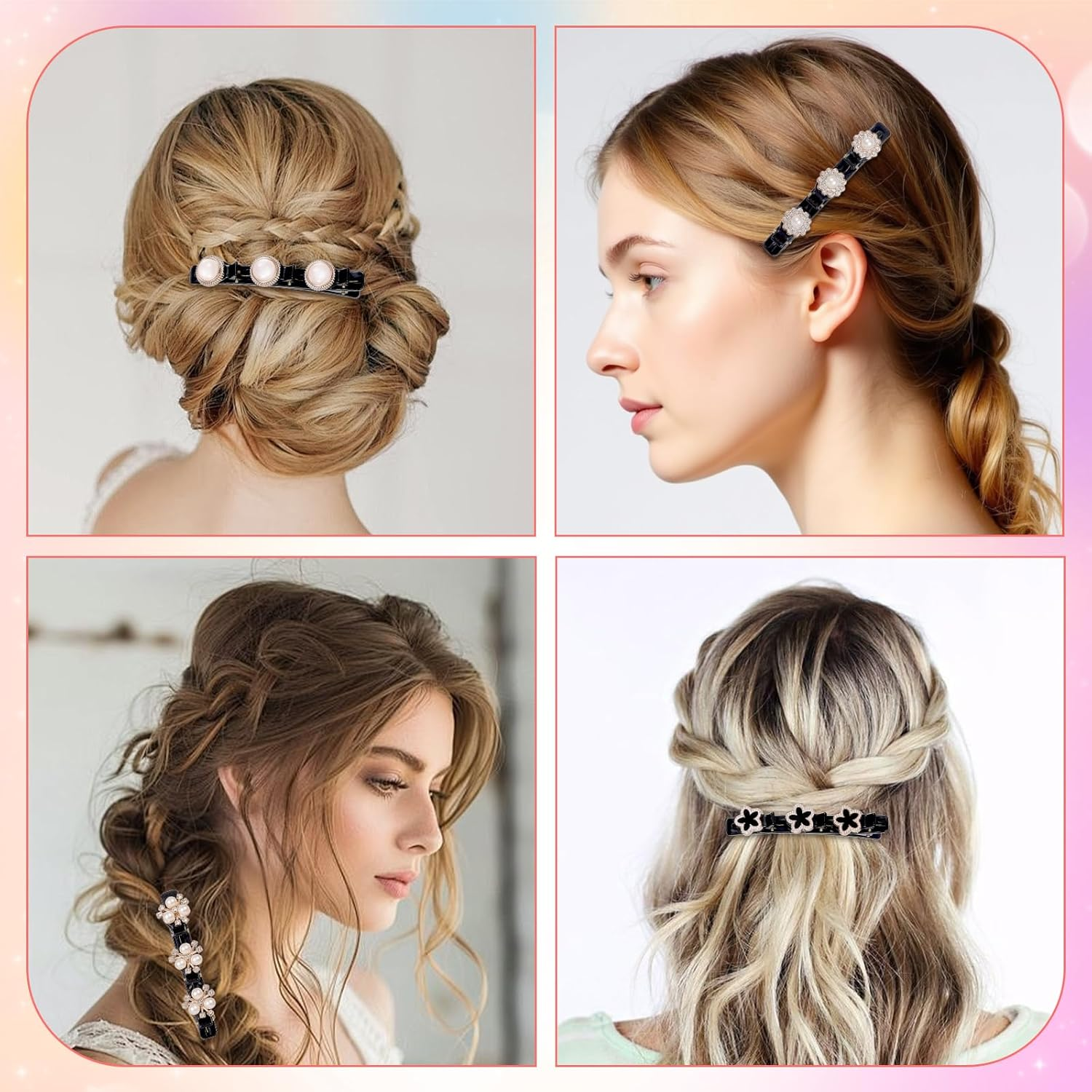 JSRQT 8Pcs Elegant Pearl Braided Hair Clips, French Duckbill Hairpin for Women Girls, Double Layer Design Bangs Clip Hair Slides with 3 Mini Hairpins, Fashion Barrettes Accessories, 4 Styles image number 2