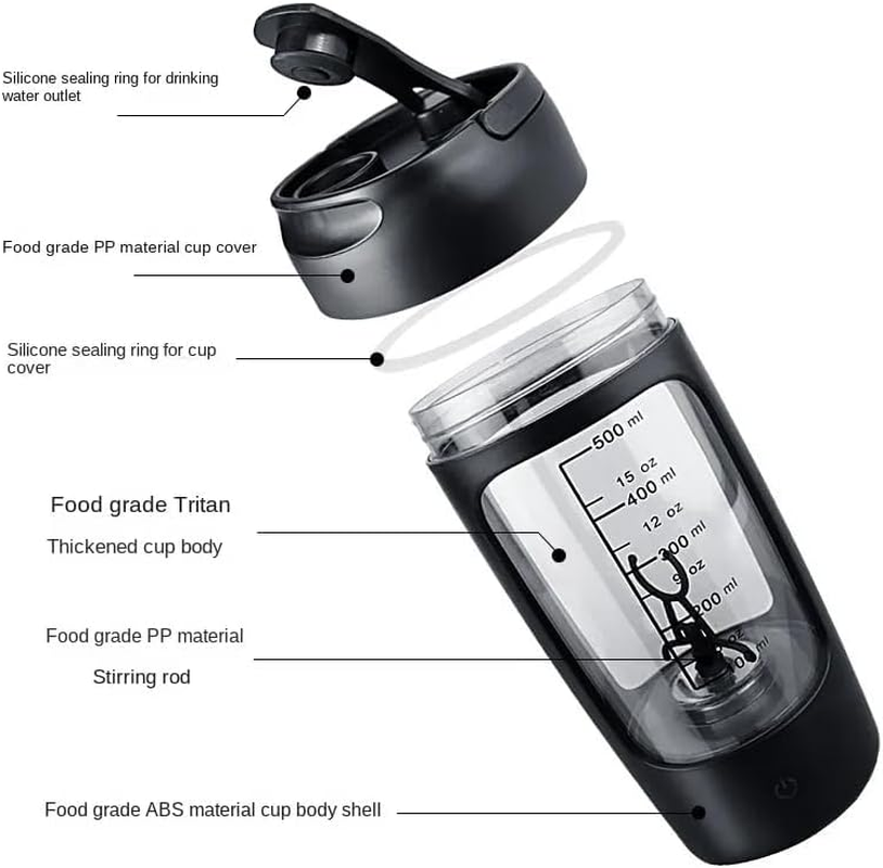 Electric Protein Shaker Bottle, 650ML Portable Blender Bottles, BPA Free, USB Rechargeable Shaker Bottles for Protein Mixes, Made with Tritan（Black）