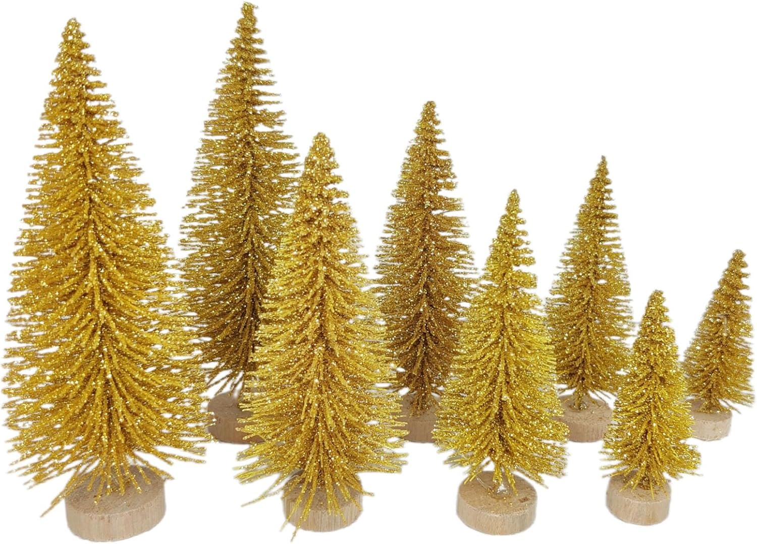 8 Pcs Artificial Mini Christmas Trees, Miniature Pine Trees Sisal Trees with Wood Base Tabletop Christmas Tree for Christmas Xmas Holiday New Year (Gold, 8 Pcs)