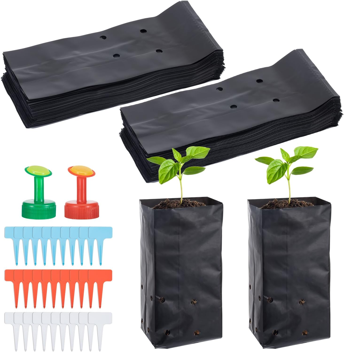 100 Pcs Nursery Growing Bags Seedling Starter Bags with 30 Plant Labels & 2 Mini Watering Sprinklers,Plant Grow Bags Plants Pots Plastic Pouches for Garden Trees,Flowers, Vegetable(7.5X3.8X2.6 Inch) image number 6