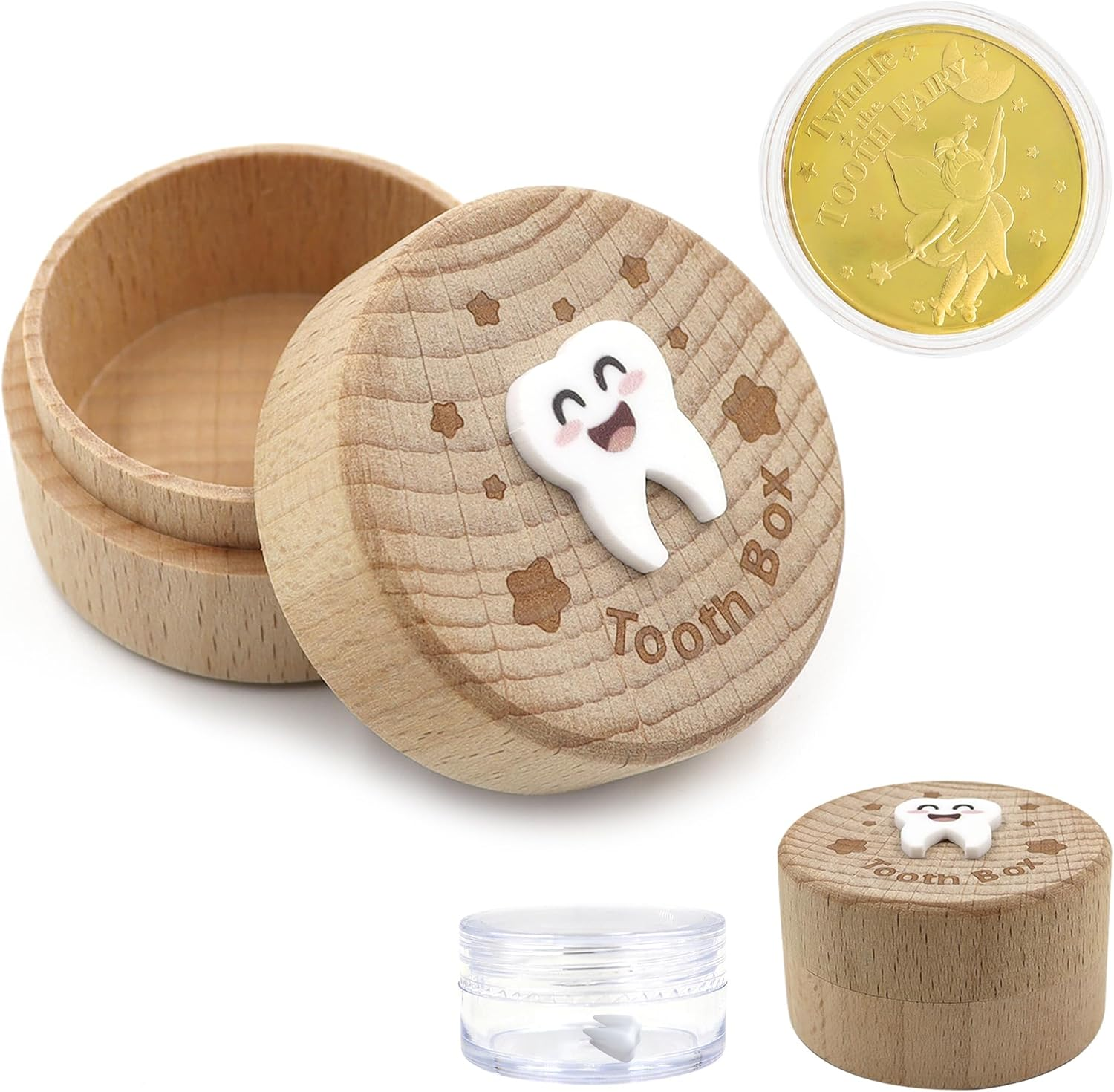 Wooden Tooth Fairy Box, Cute Tooth Fairy Tooth Holder, Tooth Fairy Kit with Tooth Fairy Coin and Transparent Storage Box, 3D Carved First Tooth Keepsake Box for Lost Teeth (Smiley)