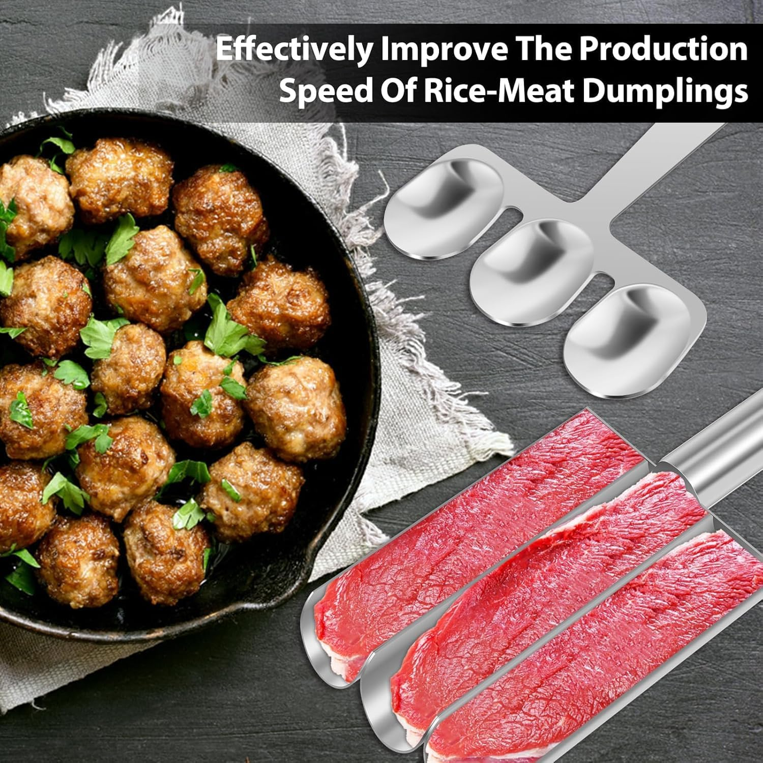 THJOPOKEEL Stainless Steel Triple Meatball Maker, Meatball Maker Tool, Spoon with Cutting, Meatball Making Mold Set, Home Cooking Tools, DIY Quick Cooking Meatballs image number 1