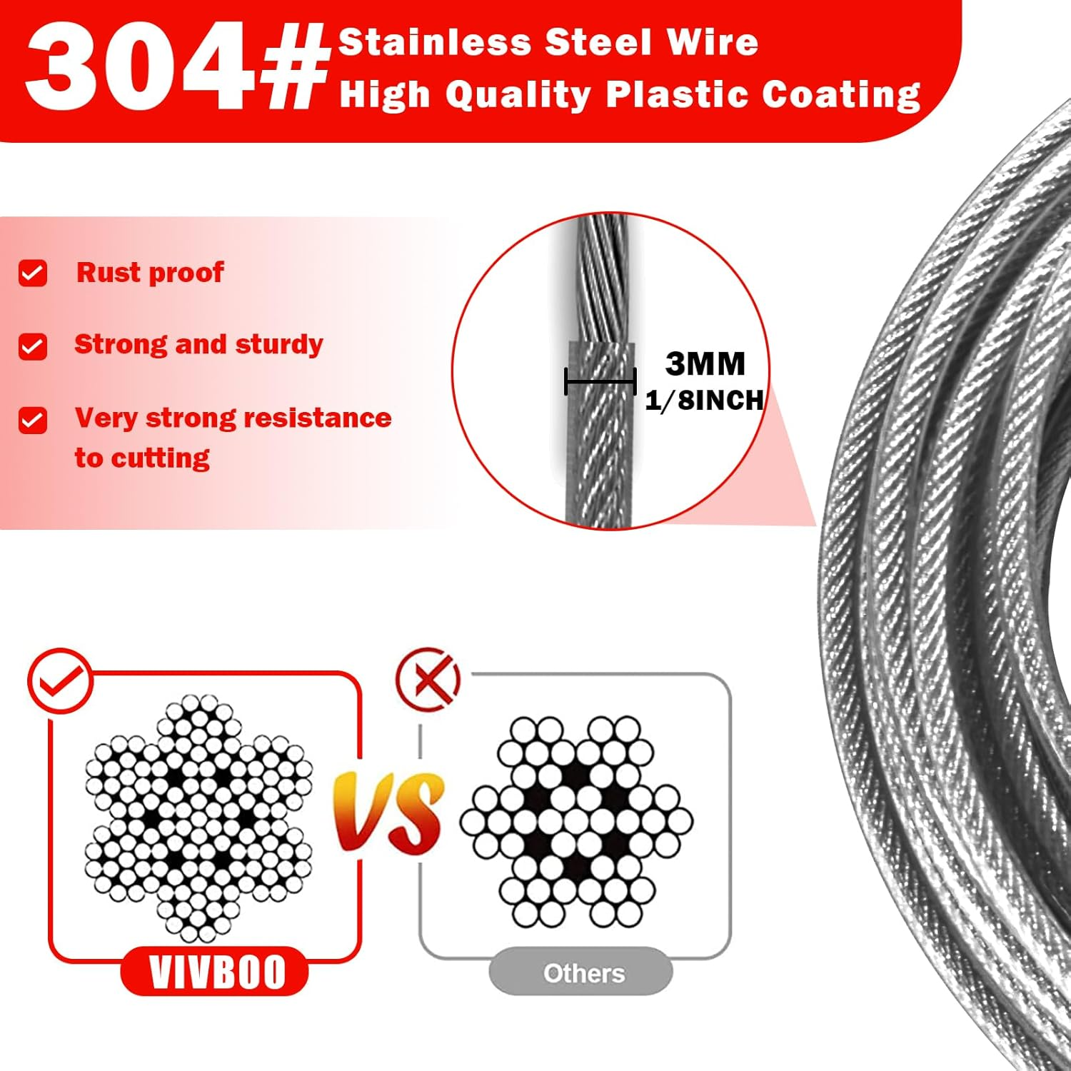 VIVBOO 1/8Inch Stainless Steel Security Cable 4/6/10/15FT Luggage Lock Safety Wire Flexible Steel Wire Rope with Double Loop (2 Pack) image number 2