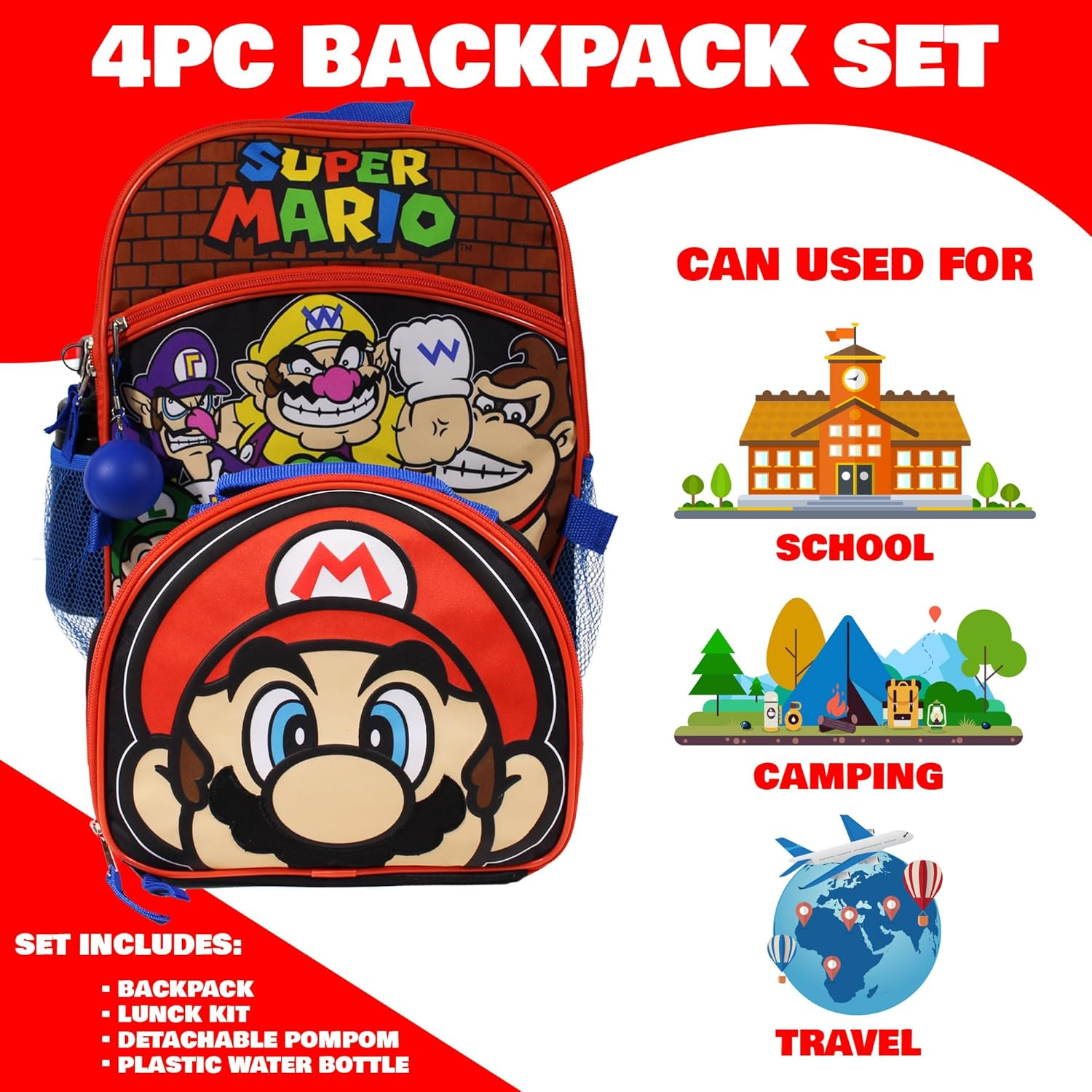 Nintendo Super Mario Bros. Backpack Set for Boys & Girls, Kids 16" School Bag with Front Zip Pocket, Red & Black, Multicolor, Medium, Traveling image number 2
