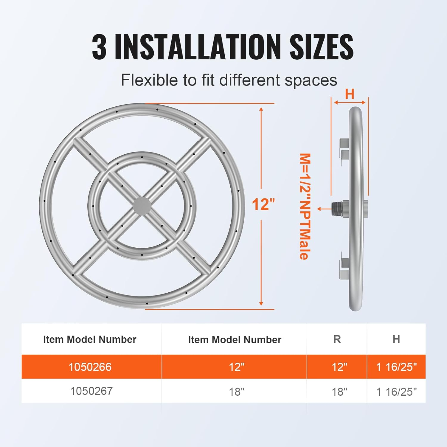 VEVOR 12 Inch round Drop-In Fire Pit Pan, Stainless Steel Fire Pit Burner Kit, Natural & Propane Gas Fire Pan with 92,000 BTU for Indoor or Outdoor Use image number 3
